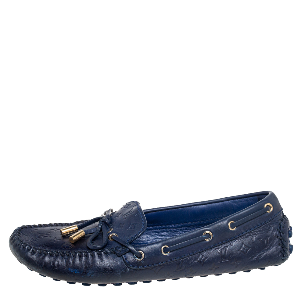 

Louis Vuitton Navy Blue Monogram Empreinte Leather Gloria Loafers Size