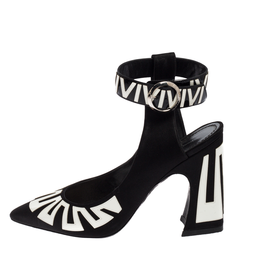 

Louis Vuitton Black/White Satin/Patent Leather Ankle Wrap Sandals Size