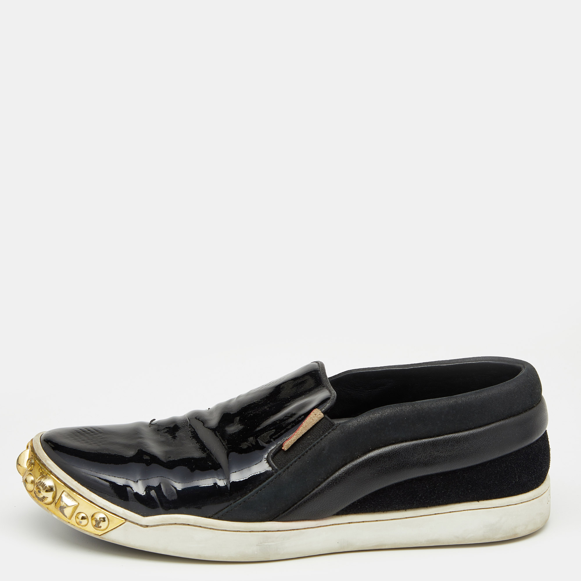 

Louis Vuitton Black Patent Leather and Suede Studded Slip On Sneakers Size