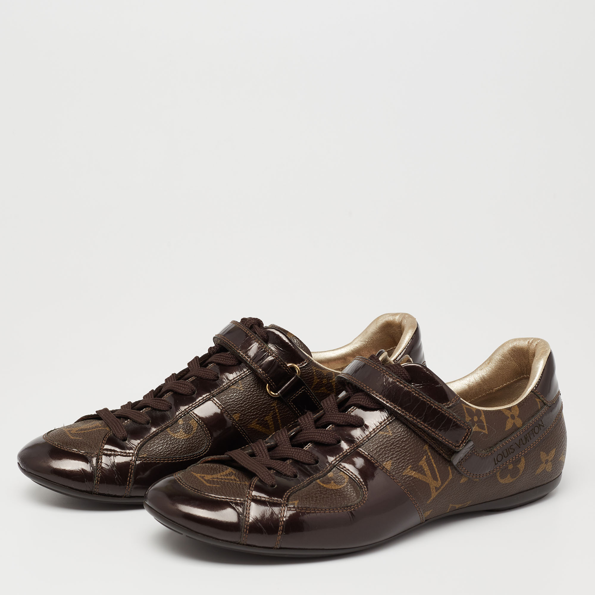 

Louis Vuitton Monogram Canvas And Patent Leather Globe Trotter Low Top Sneakers Size, Brown