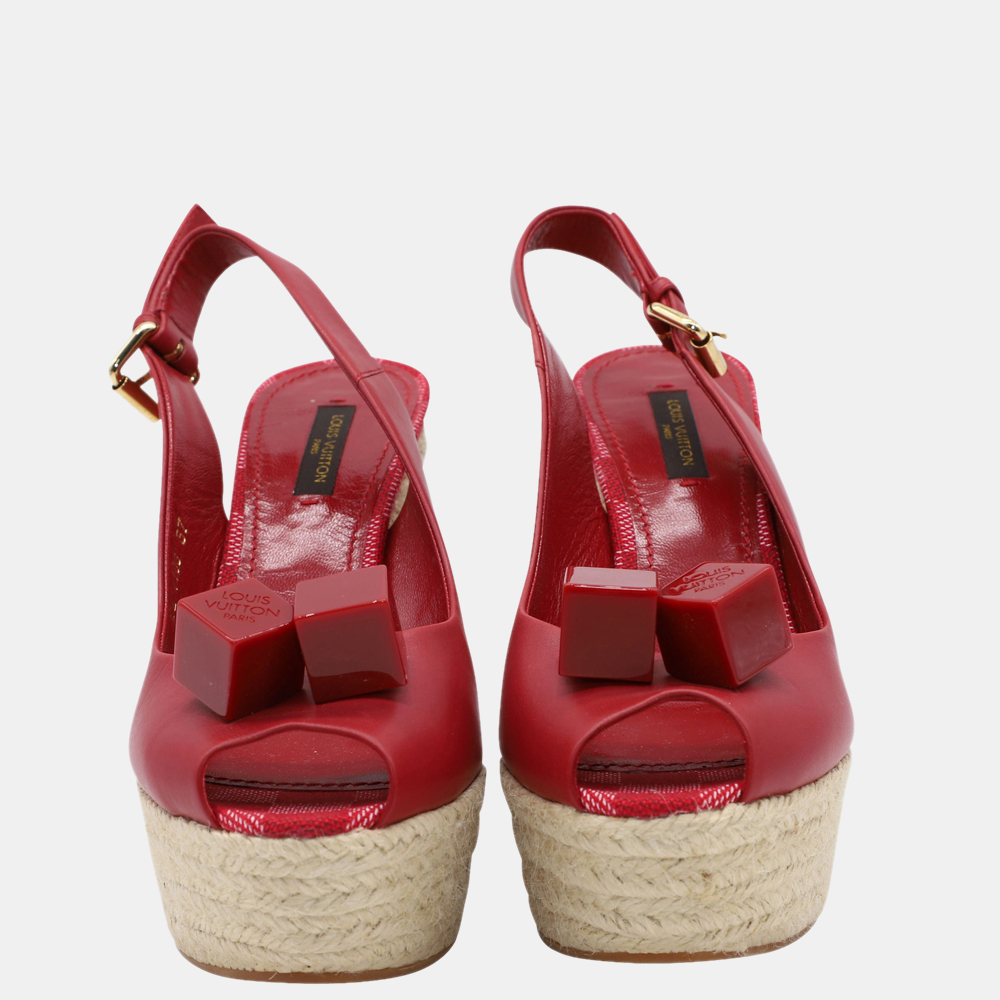 

Louis Vuitton Red Leather Gossip Cube Embellished Espadrille Wedge Slingback Sandals Size EU