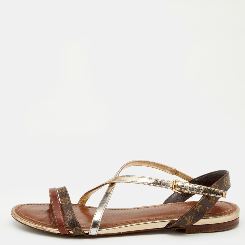 Louis Vuitton Brown Monogram Canvas and Leather Flat Sandals Size