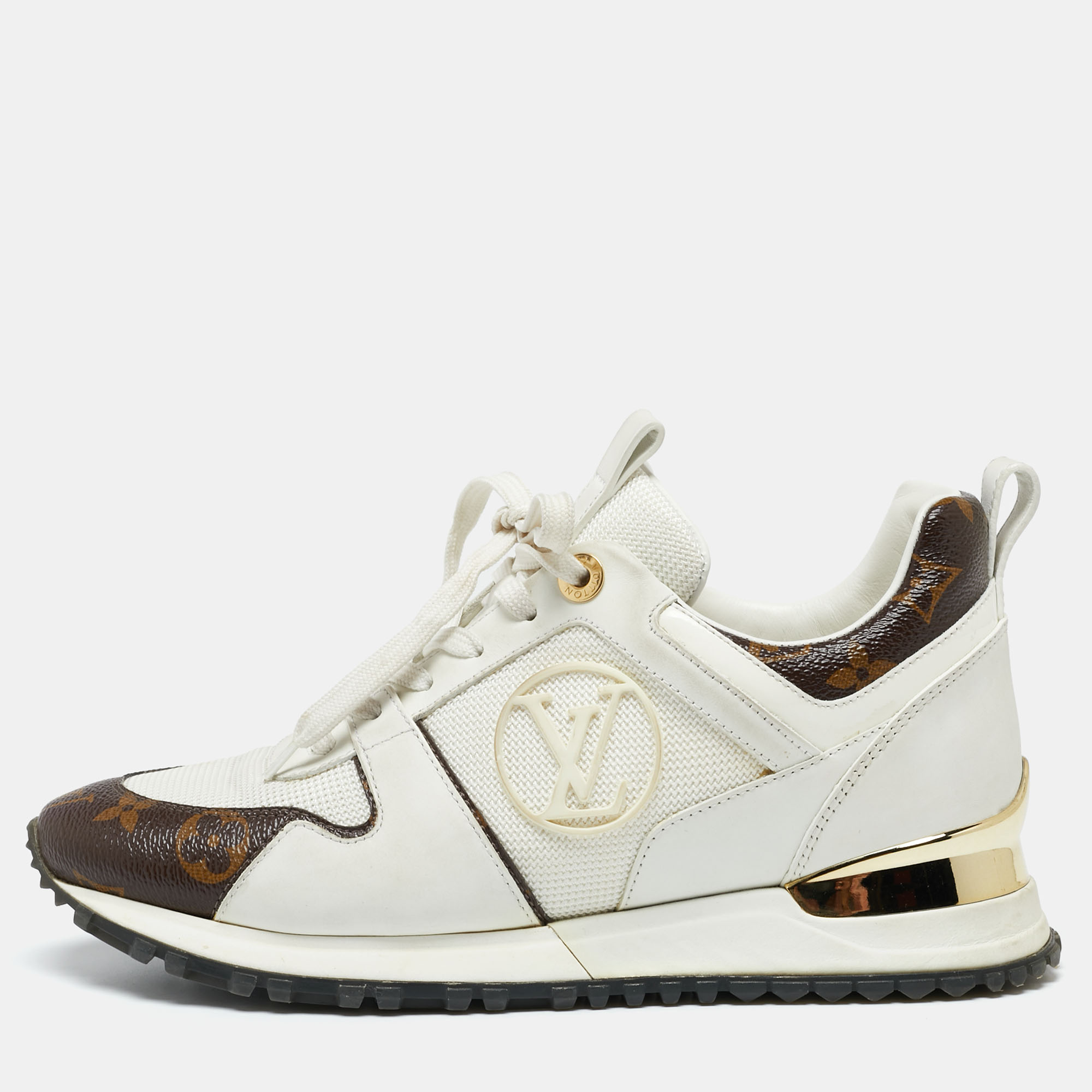 Pre-owned Louis Vuitton White/brown Leather And Monogram Canvas Run Away  Trainers Size 37