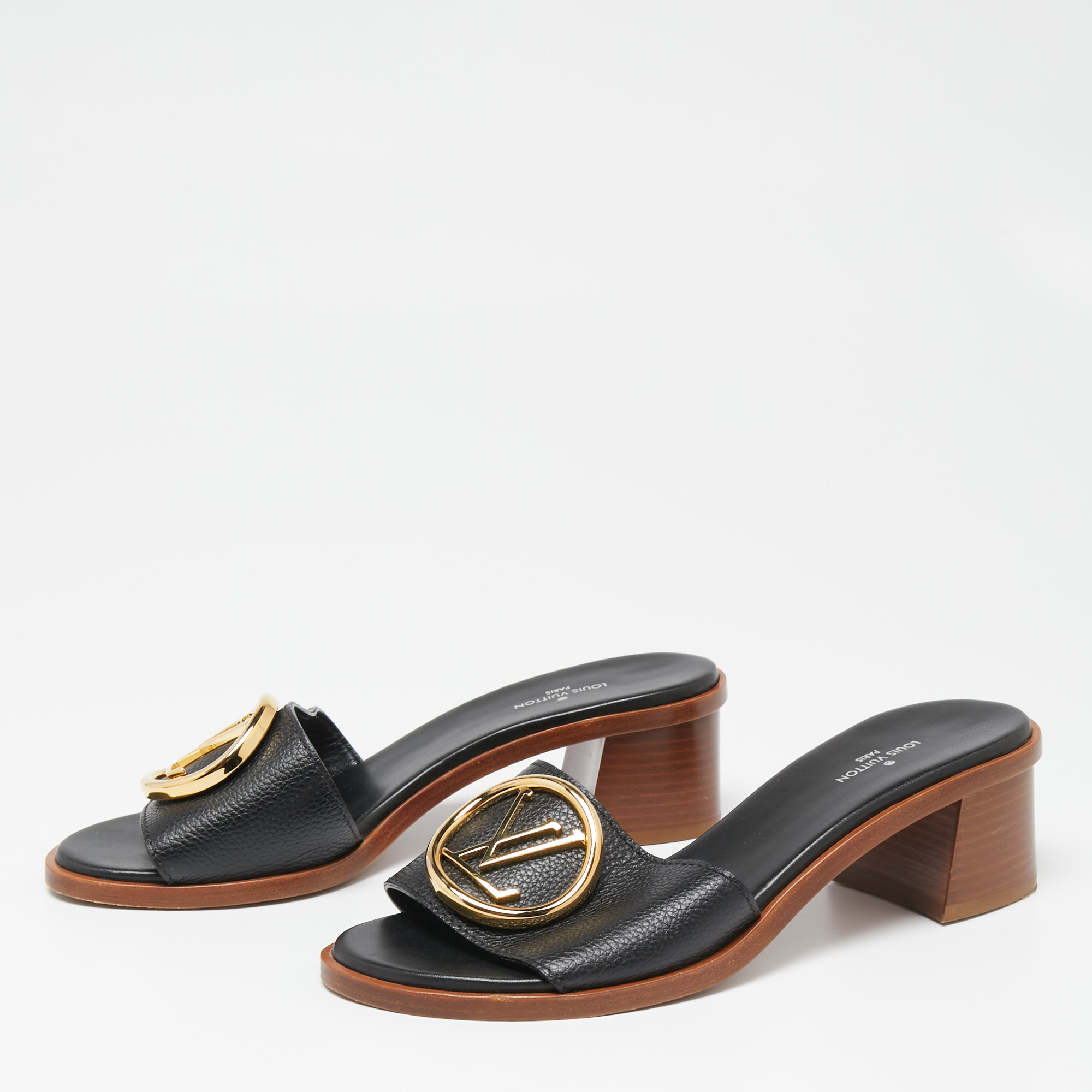 

Louis Vuitton Black Leather Lock It Slide Sandals Size