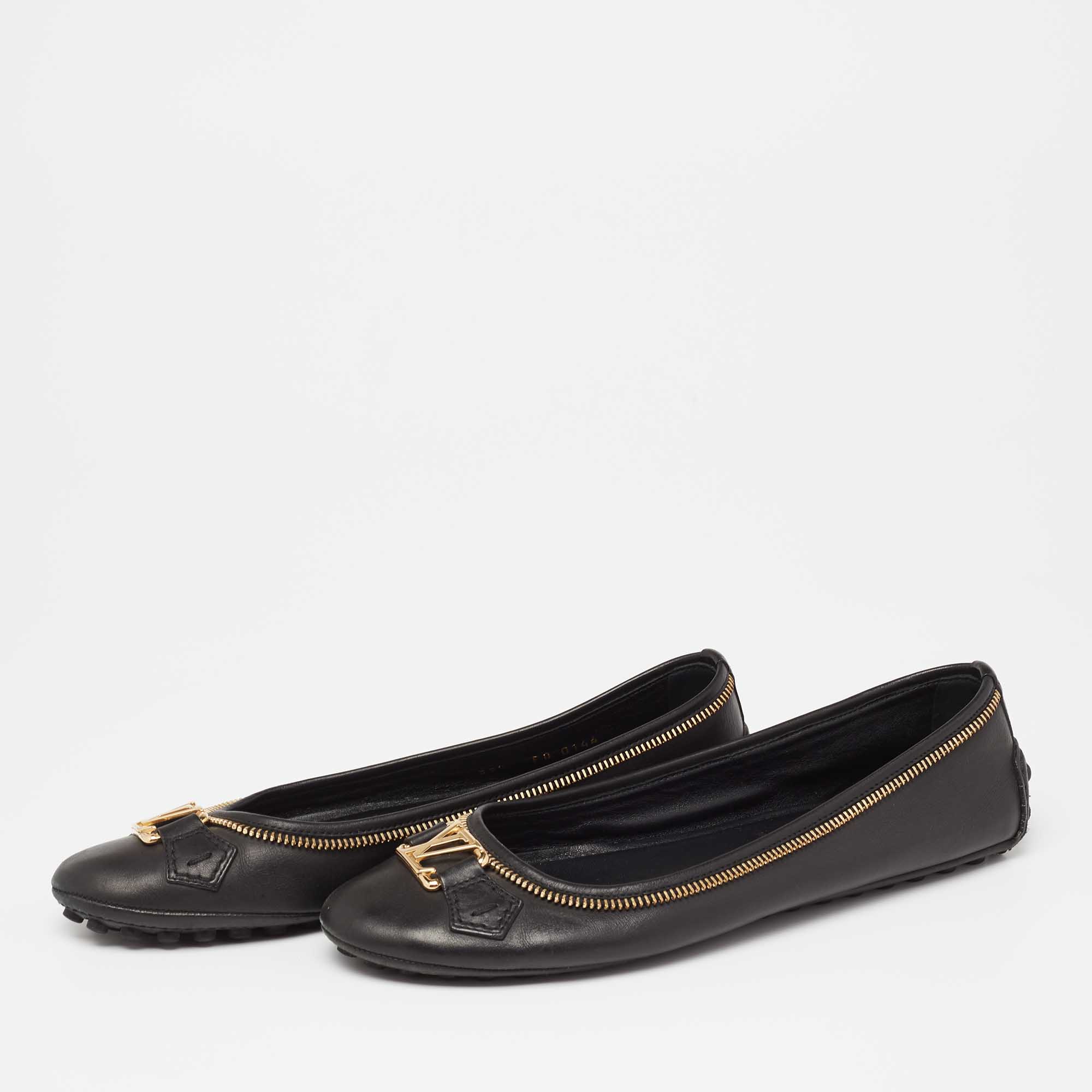 

Louis Vuitton Black Leather Zipper Trim Oxford Ballet Flats Size