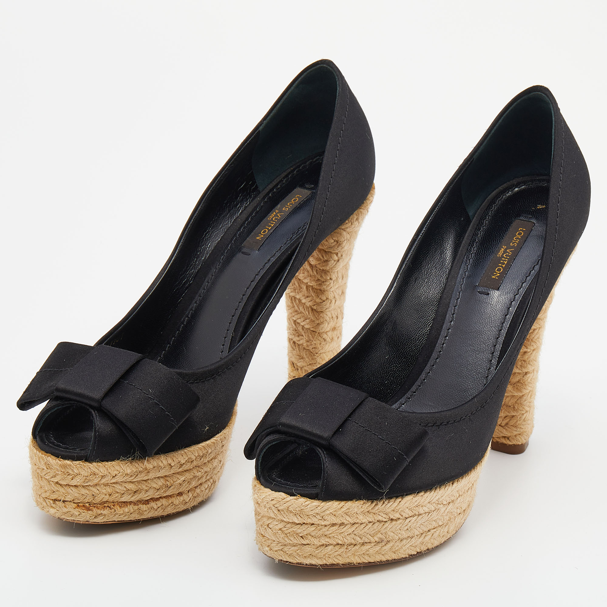 

Louis Vuitton Black Satin Espadrille Peep Toe Platform Pumps Size