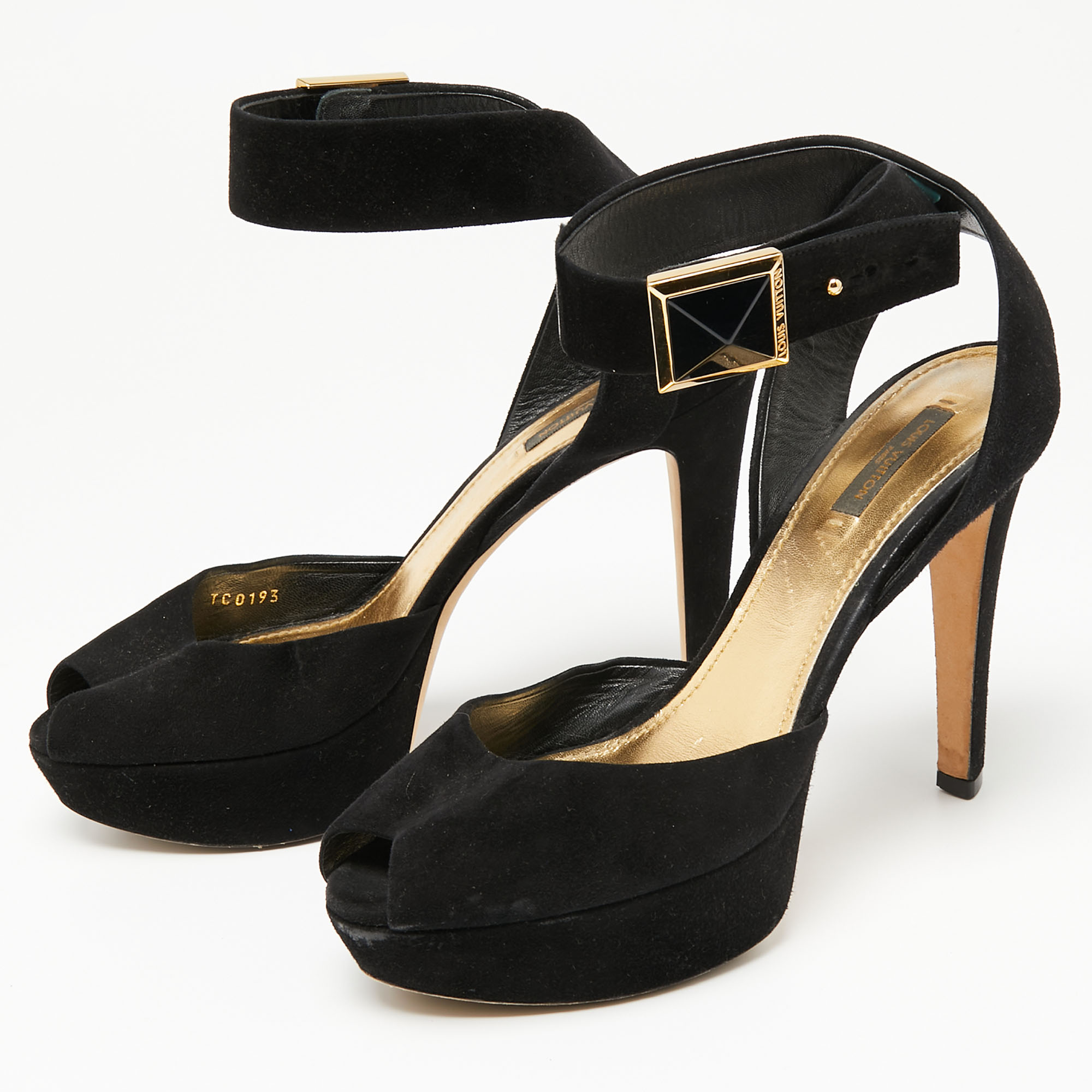 

Louis Vuitton Black Suede Peep-Toe Ankle-Strap Platform Sandals Size