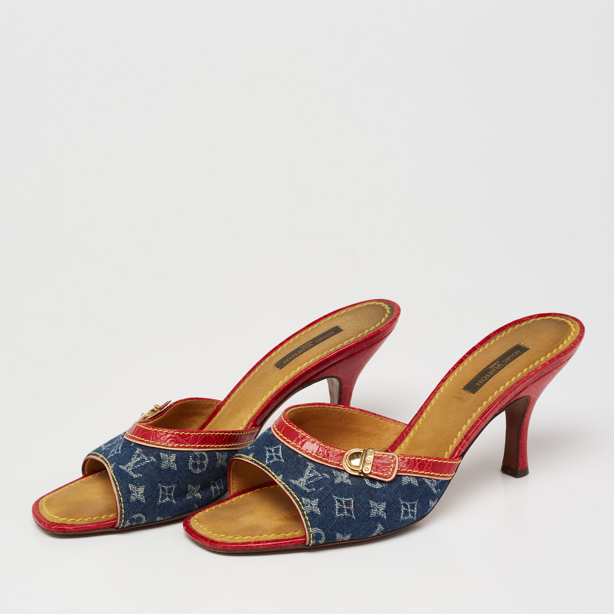 

Louis Vuitton Blue/Red Monogram Denim and Leather Slide Sandals Size