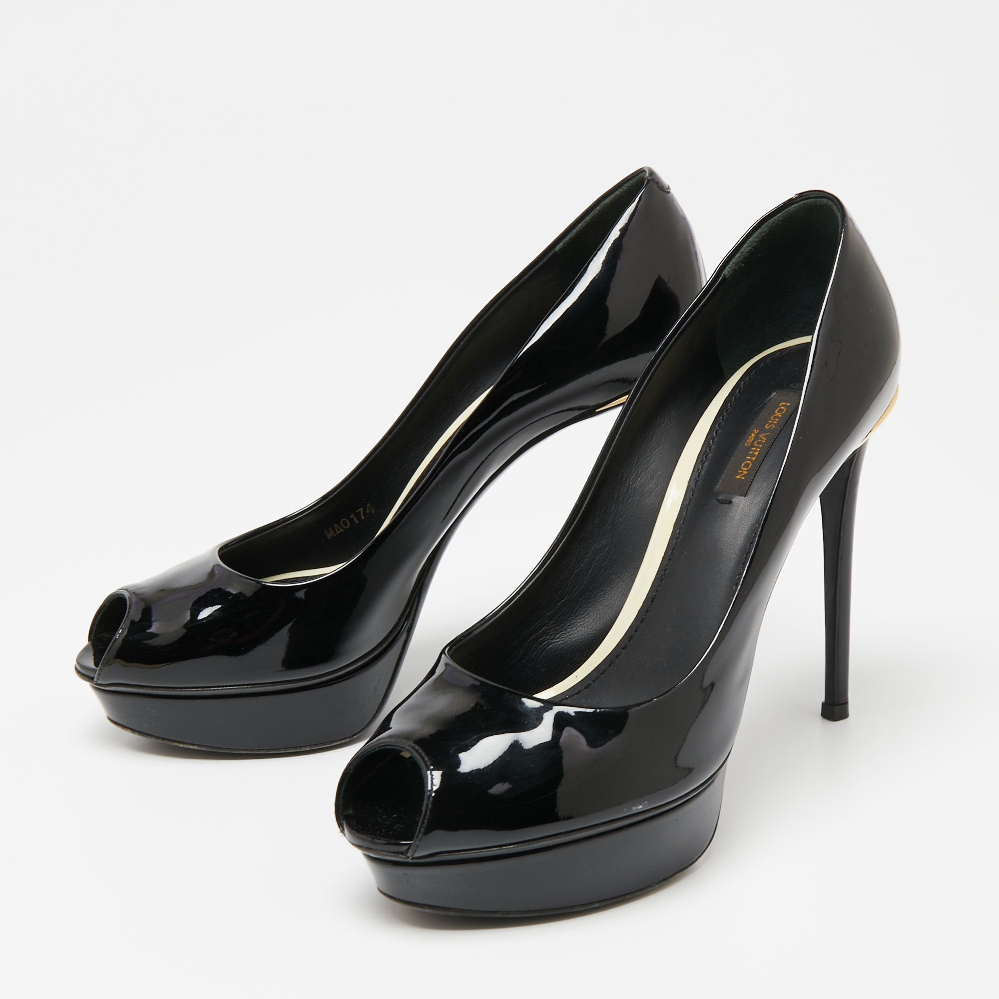 

Louis Vuitton Black Patent Leather Peep Toe Platform Pumps Size