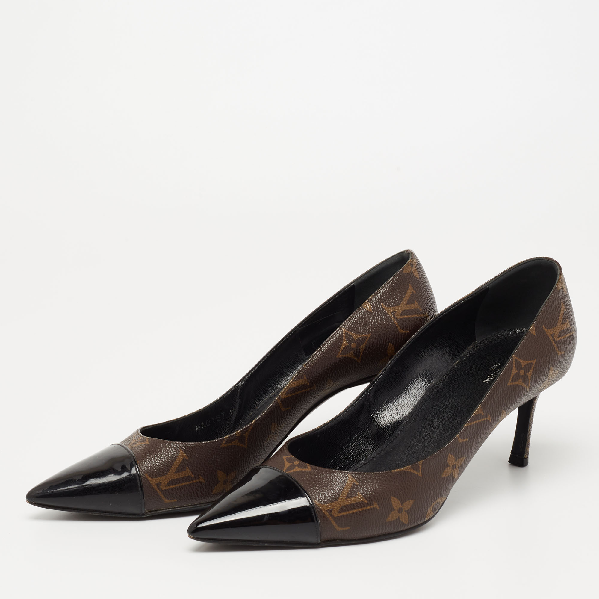 

Louis Vuitton Brown Monogram Canvas And Patent Leather Cap Toe Fetish Pointed Toe Pumps Size