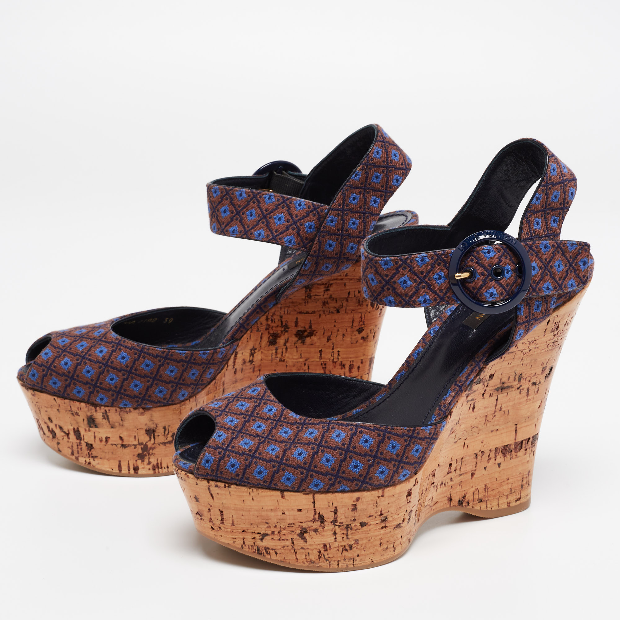 

Louis Vuitton Brown/Blue Floral Canvas Cork Wedge Platform Sandals Size