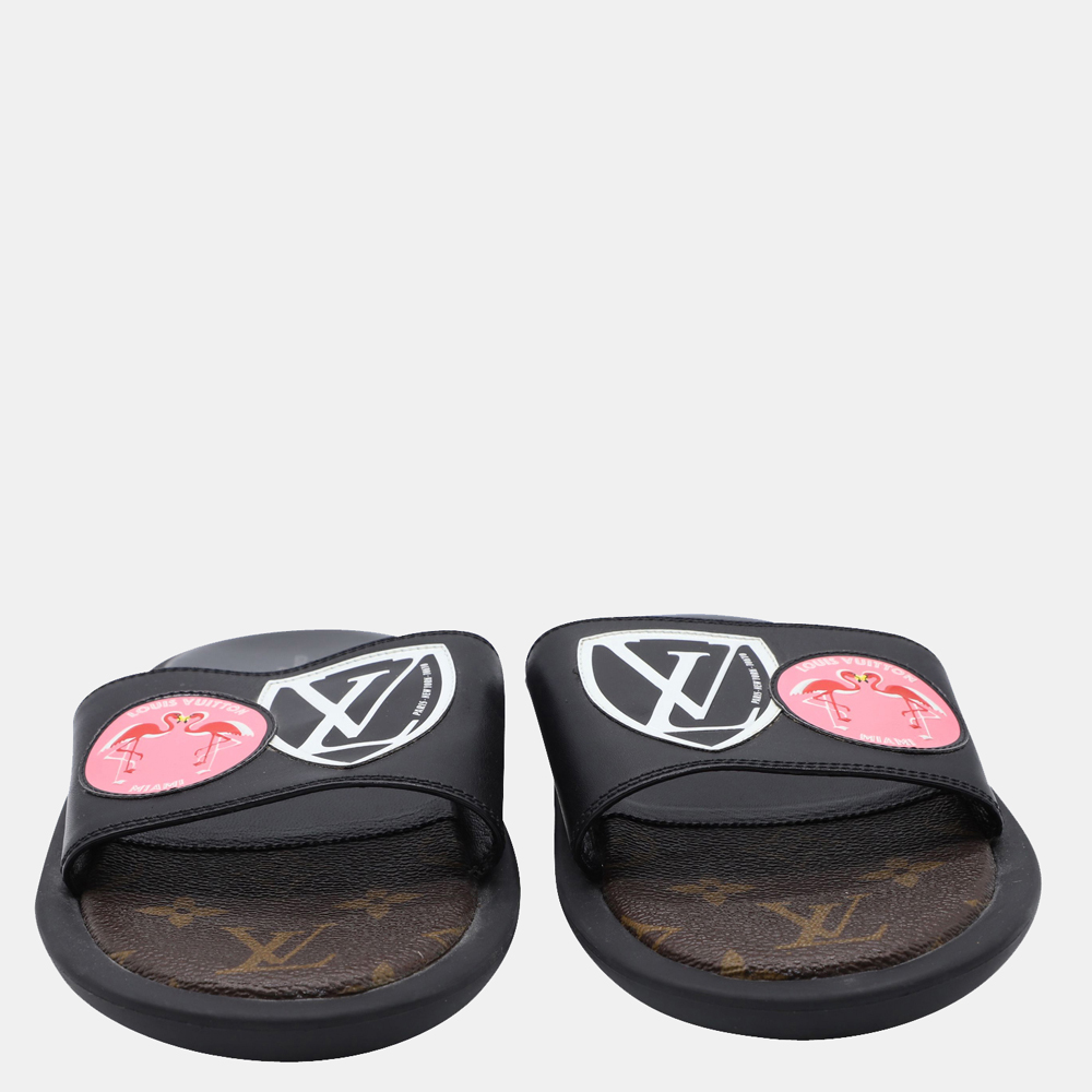 

Louis Vuitton Black Leather Flamingo Patches Slides Size EU