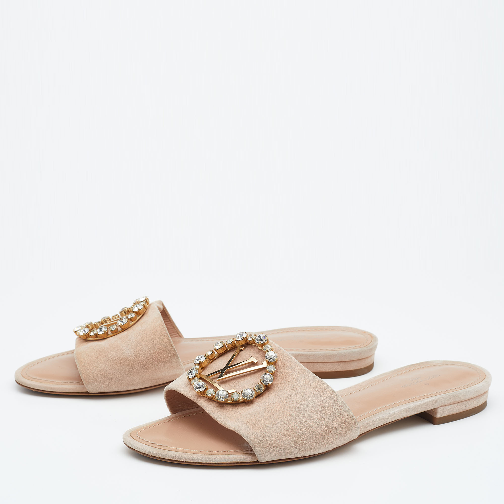 

Louis Vuitton Blush Pink Suede Crystal Madeleine Flat Mules Size