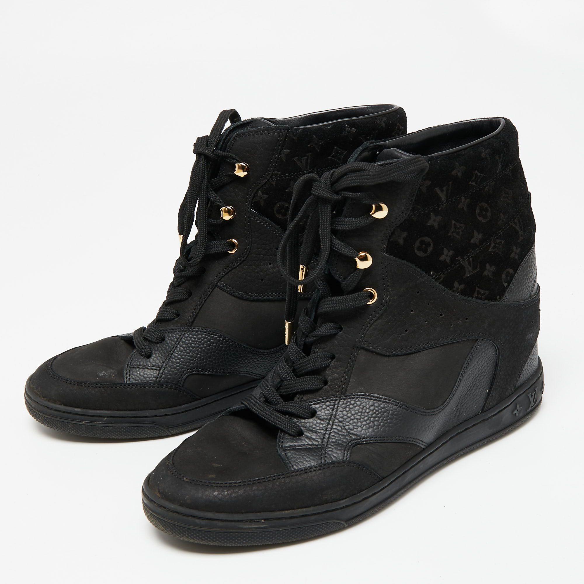 

Louis Vuitton Black Leather and Embossed Monogram Suede Millenium Wedge High-Top Sneakers Size
