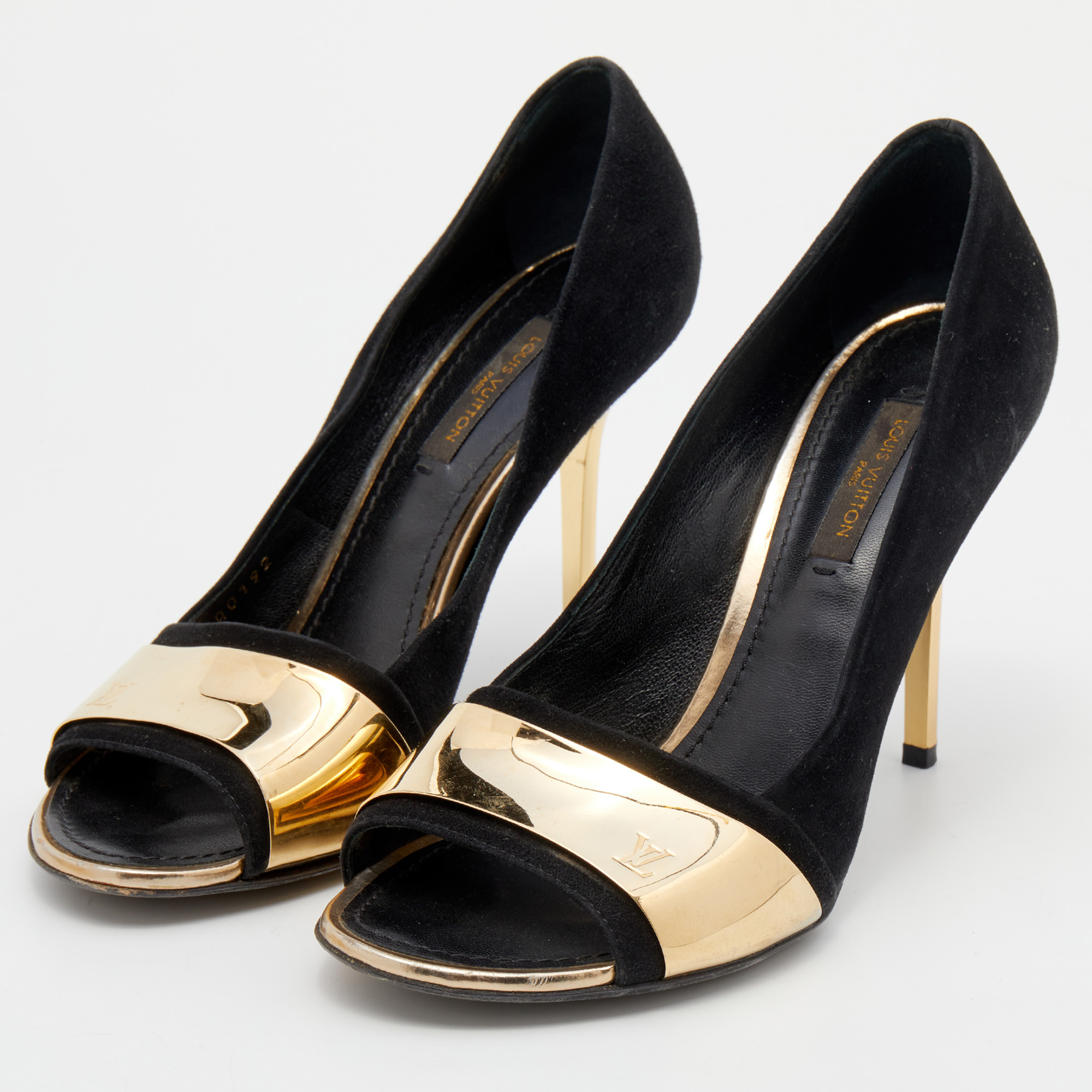 

Louis Vuitton Black Suede Gold Plate Peep Toe Pumps Size