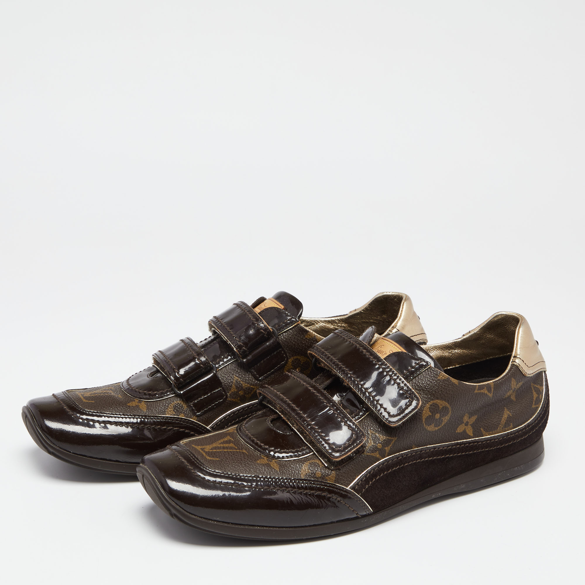 

Louis Vuitton Brown Monogram Canvas And Patent Leather Speeding Velcro Sneakers Size