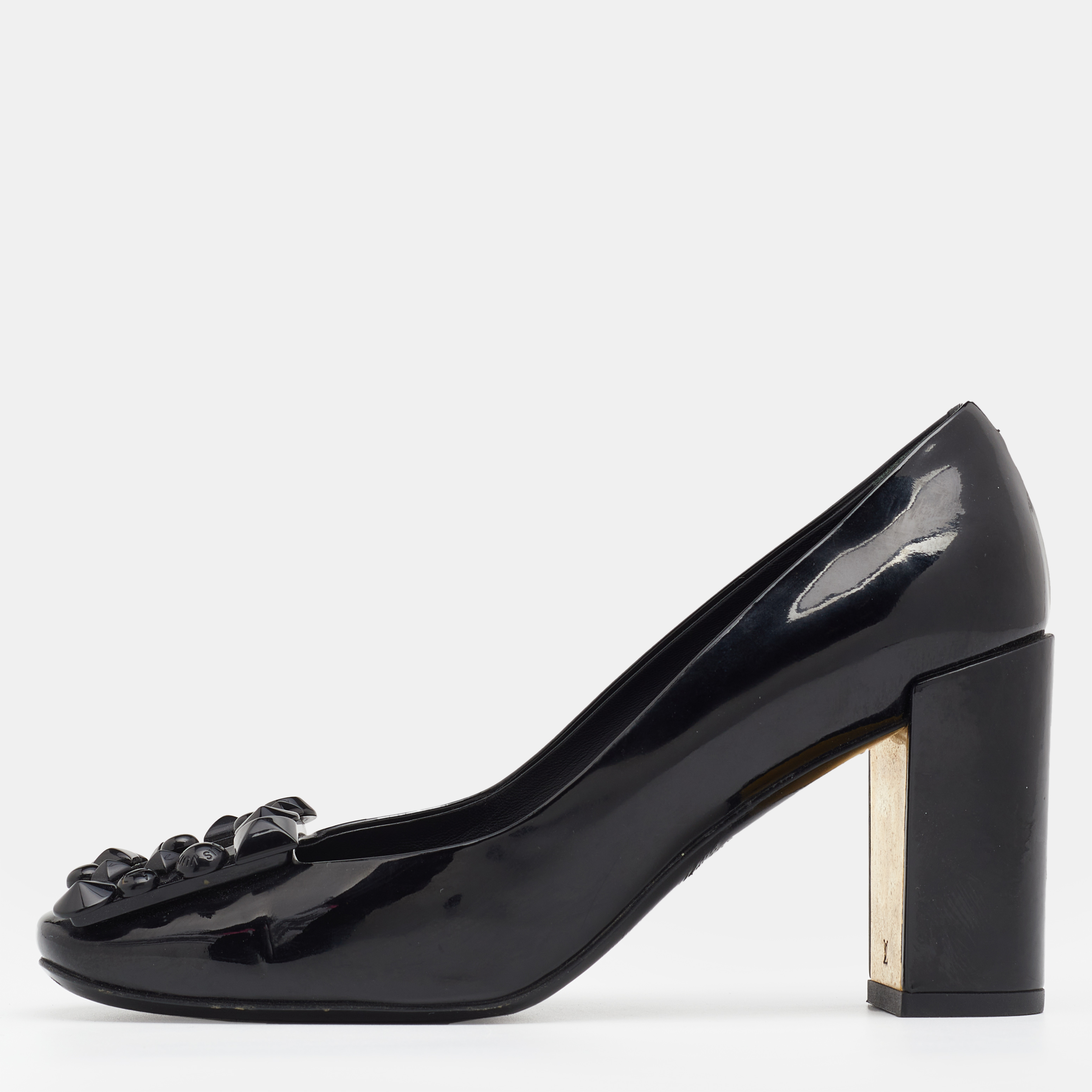 

Louis Vuitton Black Patent Leather Studded Graceful Block Heel Pumps Size