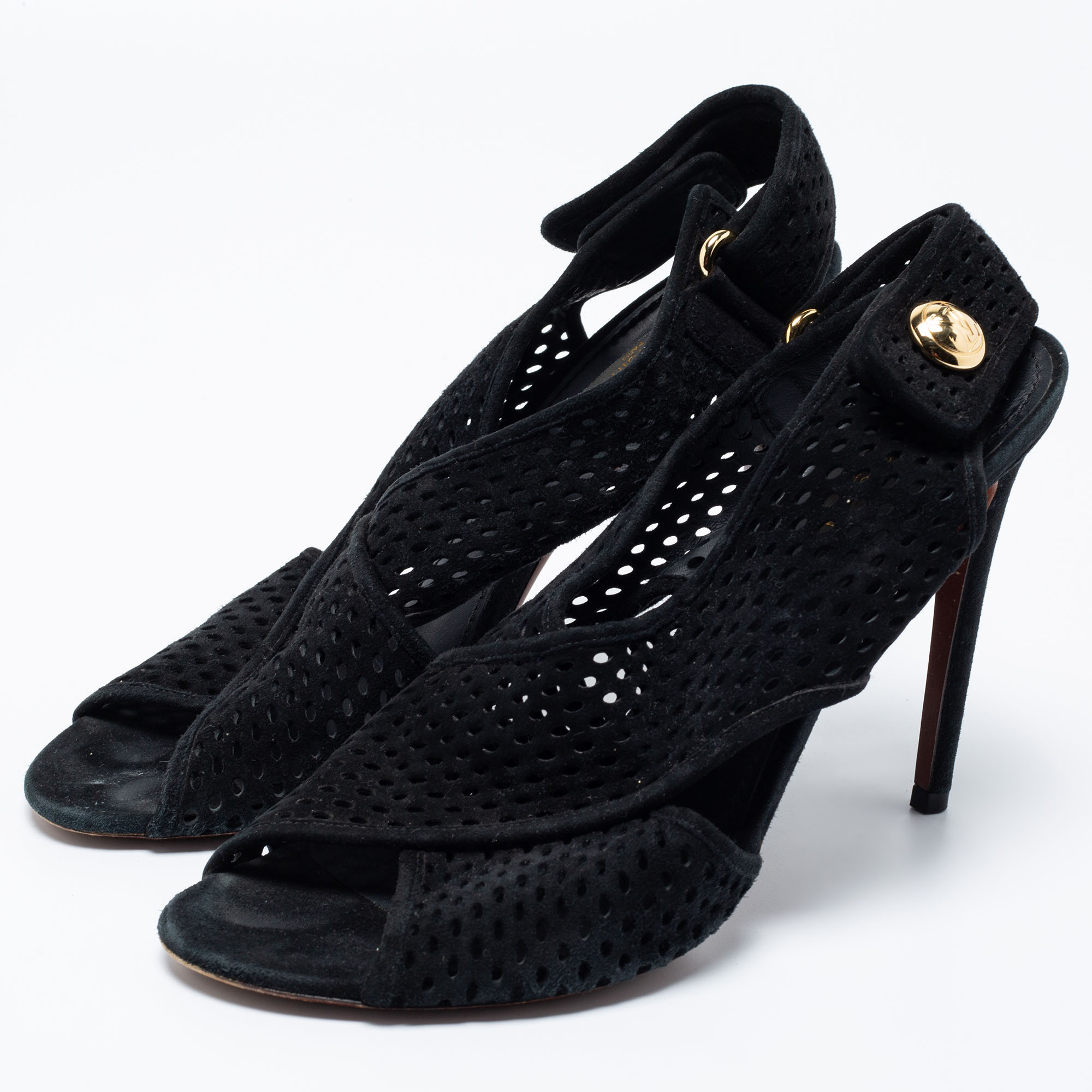 

Louis Vuitton Black Suede Open Toe Slingback Sandals Size