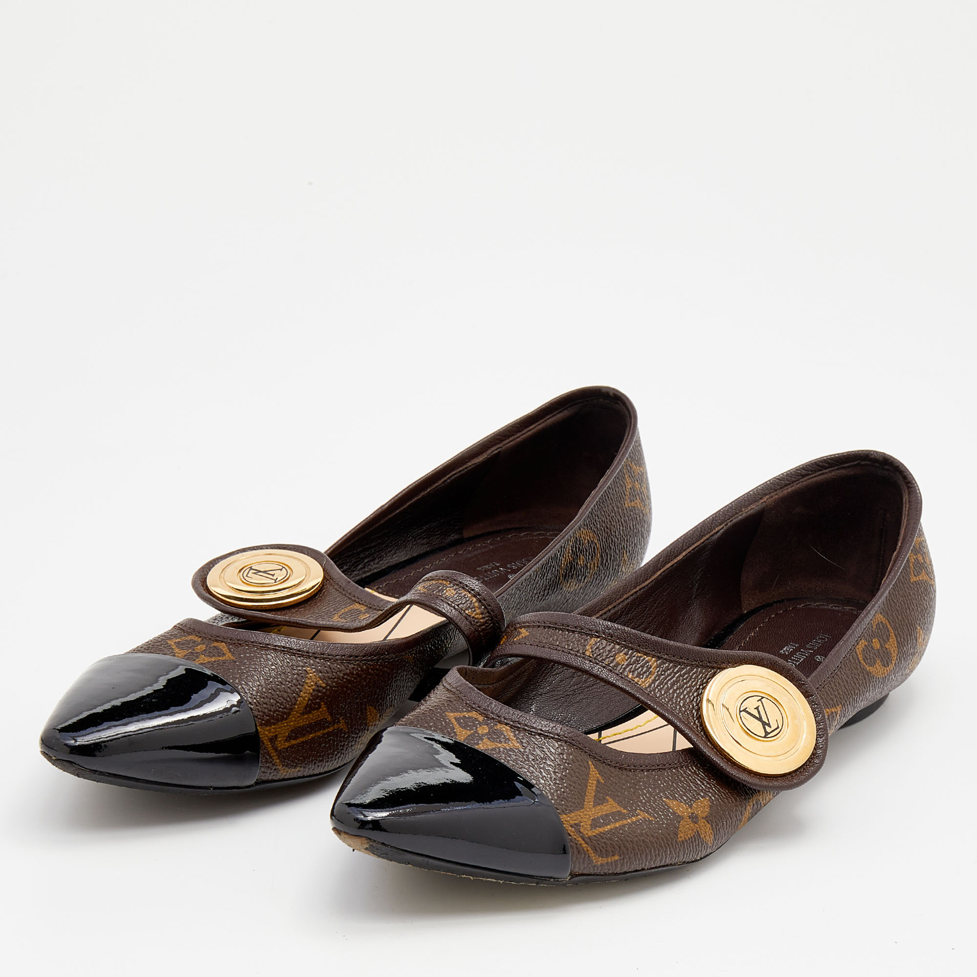 

Louis Vuitton Brown/Black Monogram Canvas And Patent Leather Mary Jane Ballet Flats Size