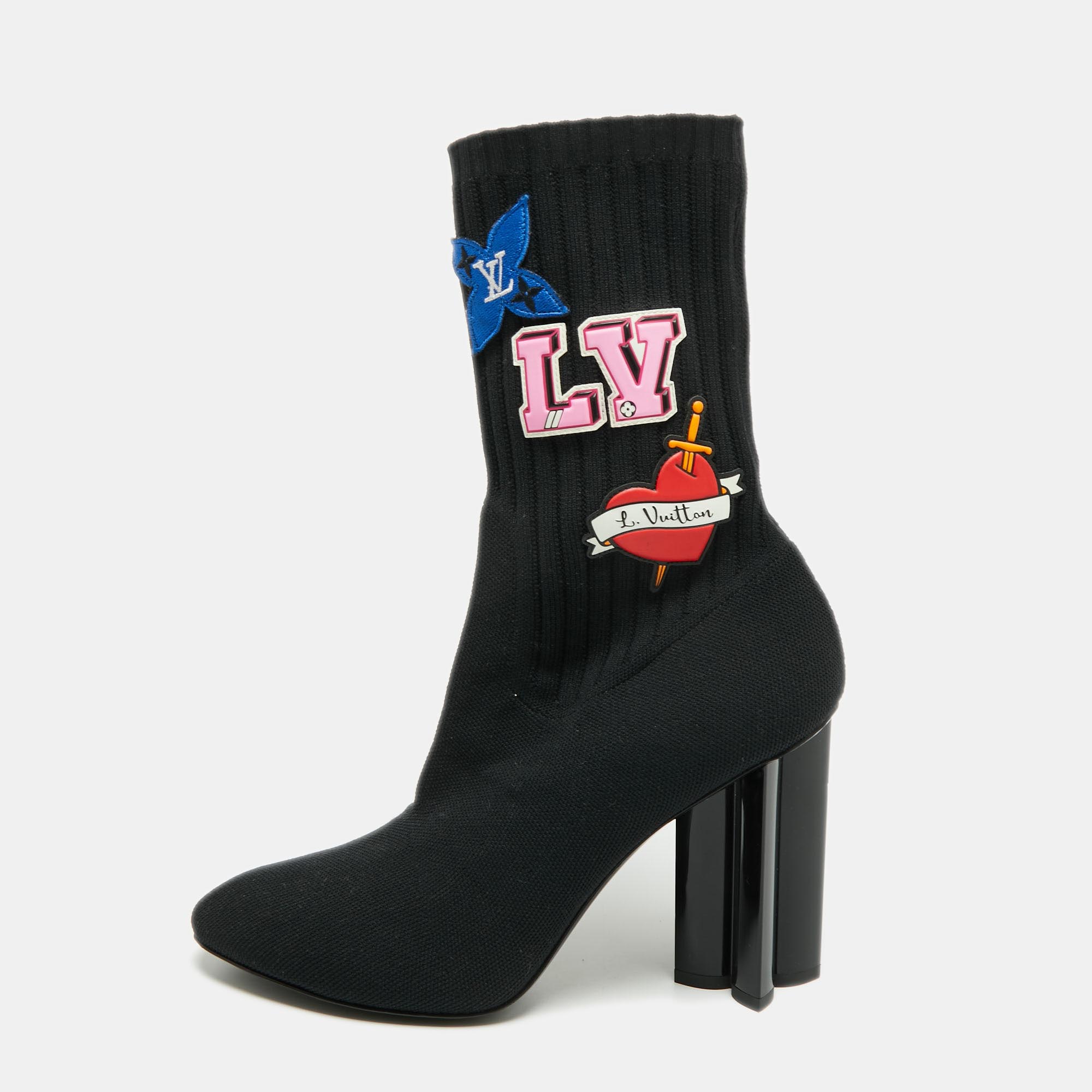 Pre-owned Louis Vuitton Black Knit Fabric Lv Black Heart Sock Ankle Boots Size 38.5
