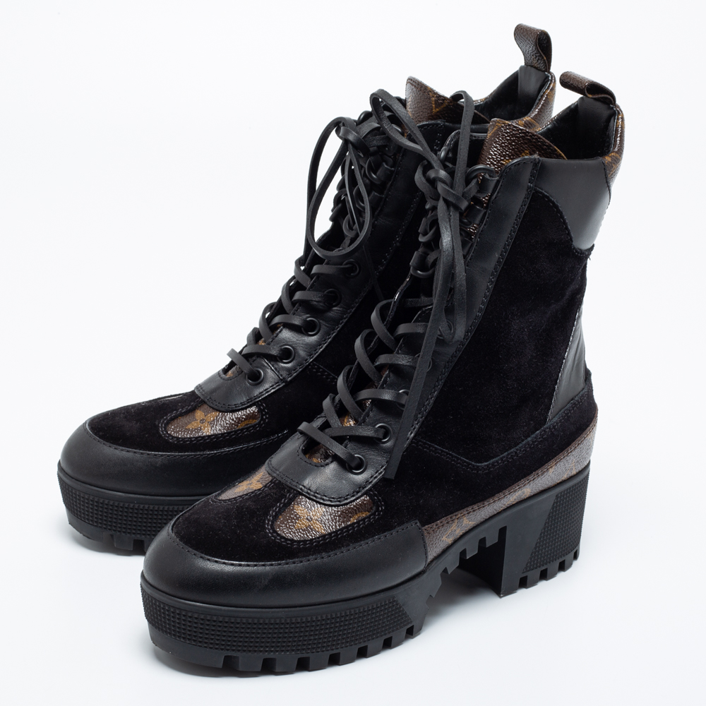 

Louis Vuitton Black/Brown Monogram Canvas And Leather Laureate Platform Desert Ankle Boots Size