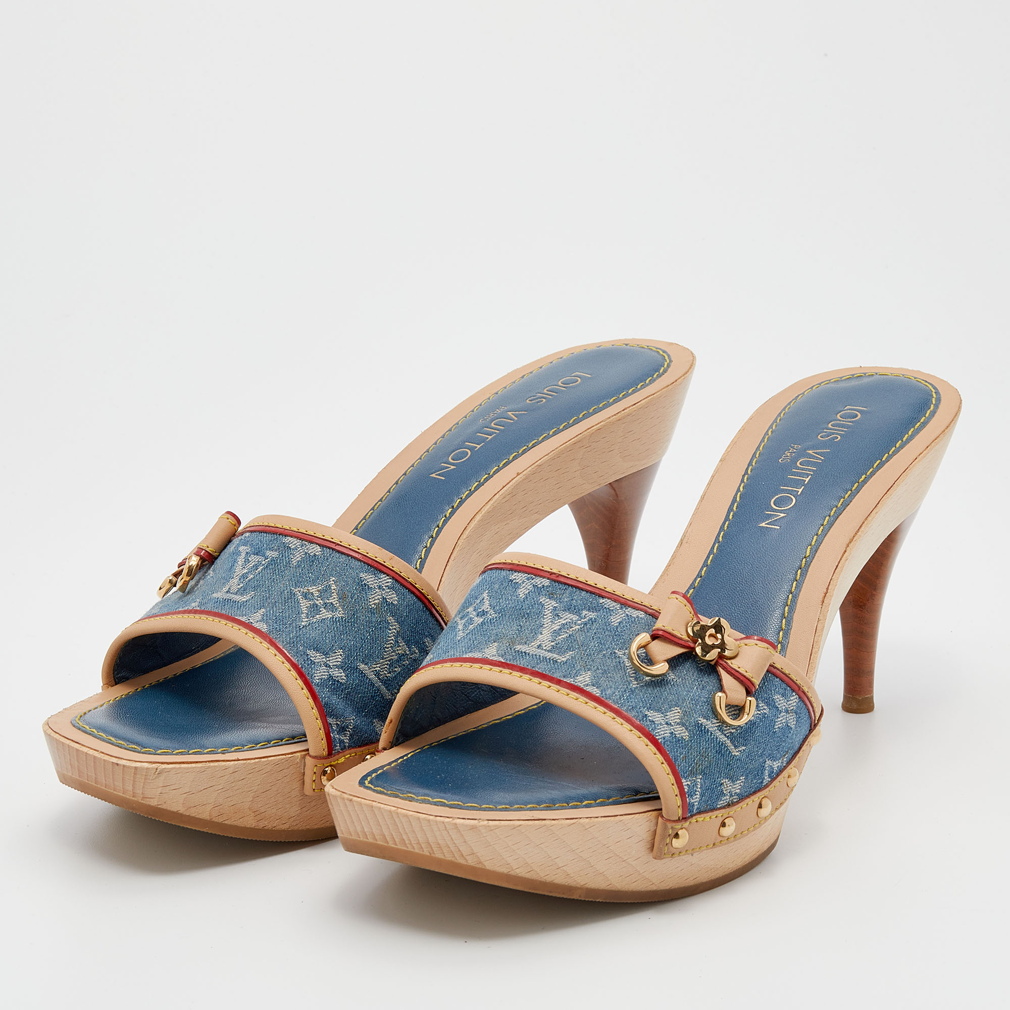 

Louis Vuitton Blue Monogram Denim Bow Platform Slide Sandals Size