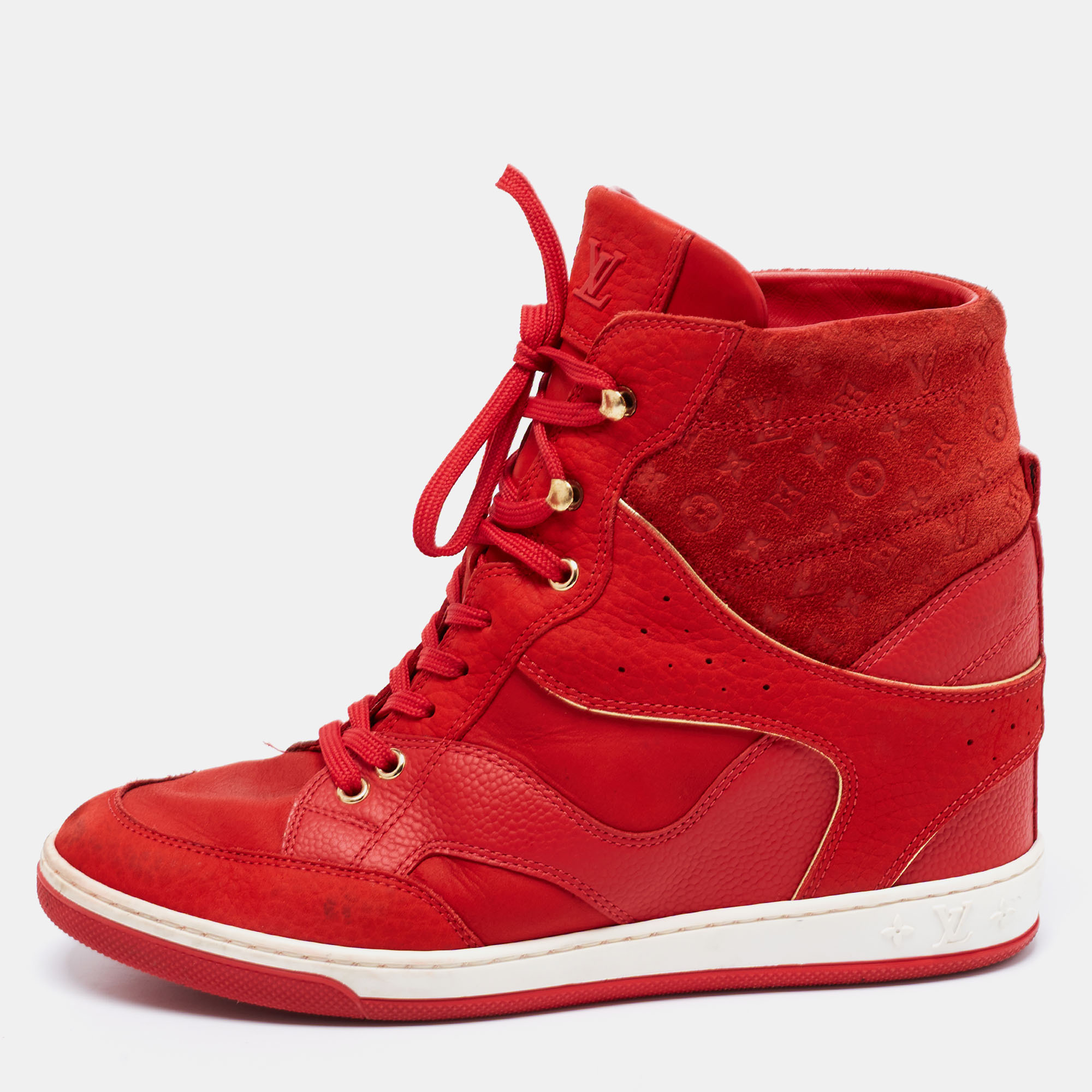 

Louis Vuitton Red Leather And Embossed Monogram Suede Millenium Wedge Sneakers Size