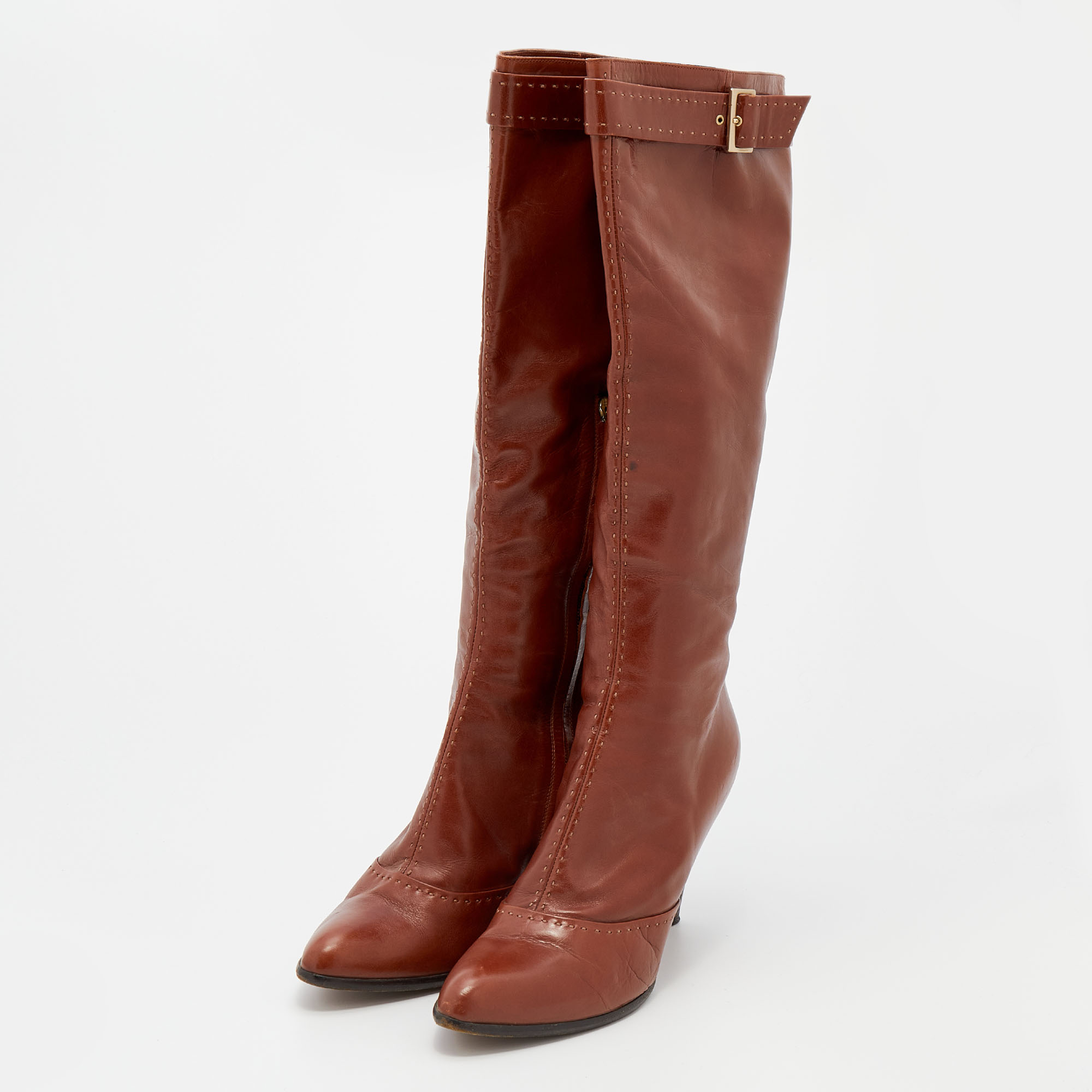 

Louis Vuitton Brown Leather Buckle Calf Length Boots Size