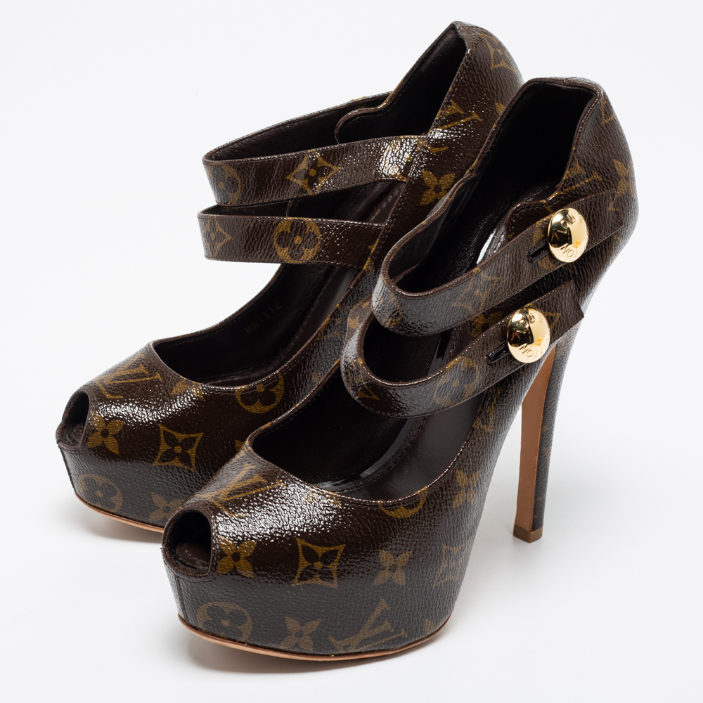 

Louis Vuitton Brown Monogram Canvas Ritual Fetish Peep Toe Platform Pumps Size