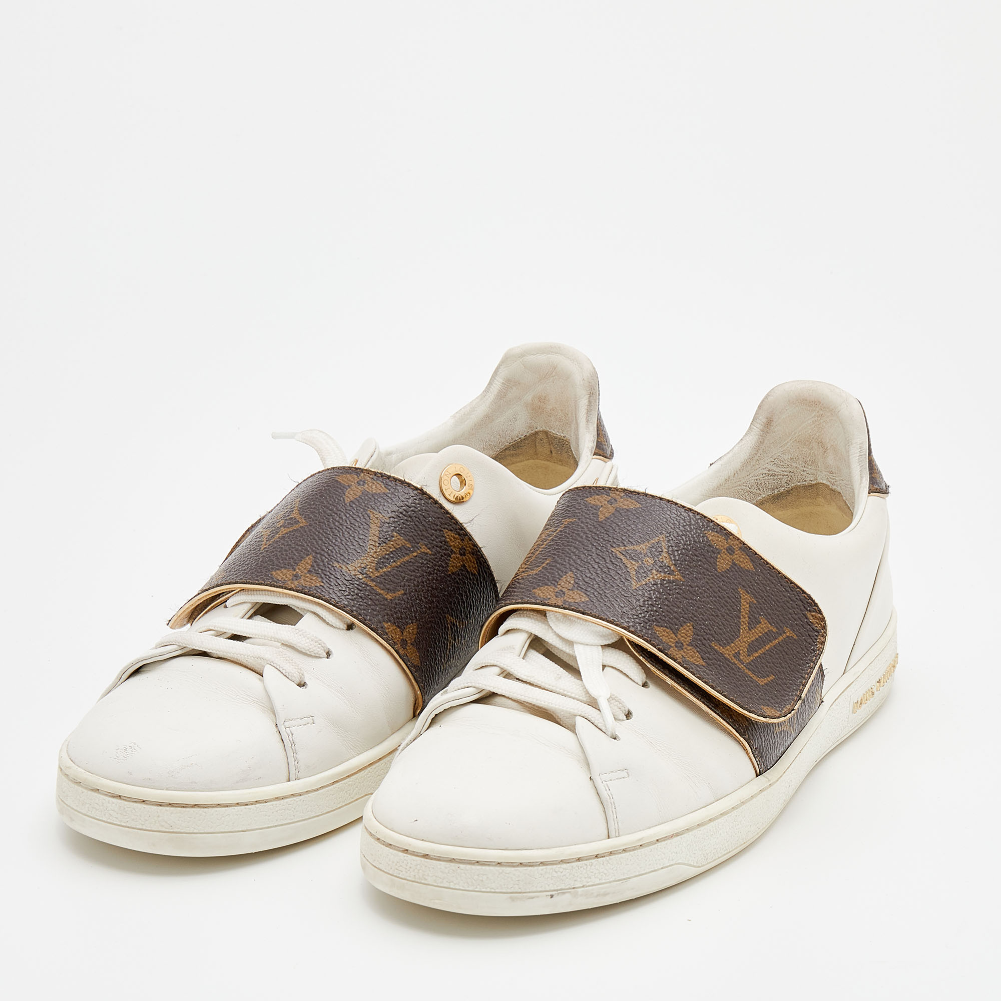 

Louis Vuitton White/Brown Leather And Monogram Canvas Frontrow Sneakers Size