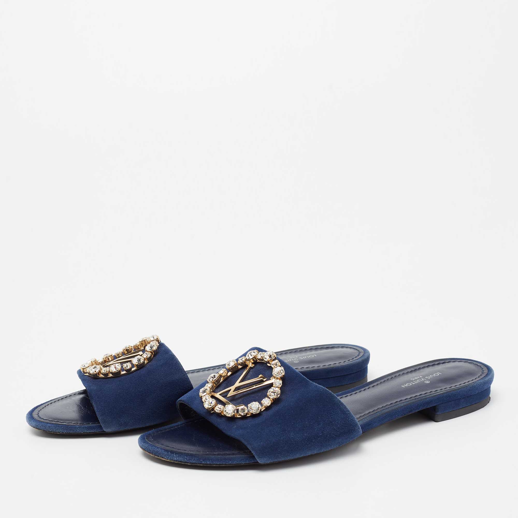 

Louis Vuitton Blue Suede Madeleine Flat Slide Sandals Size