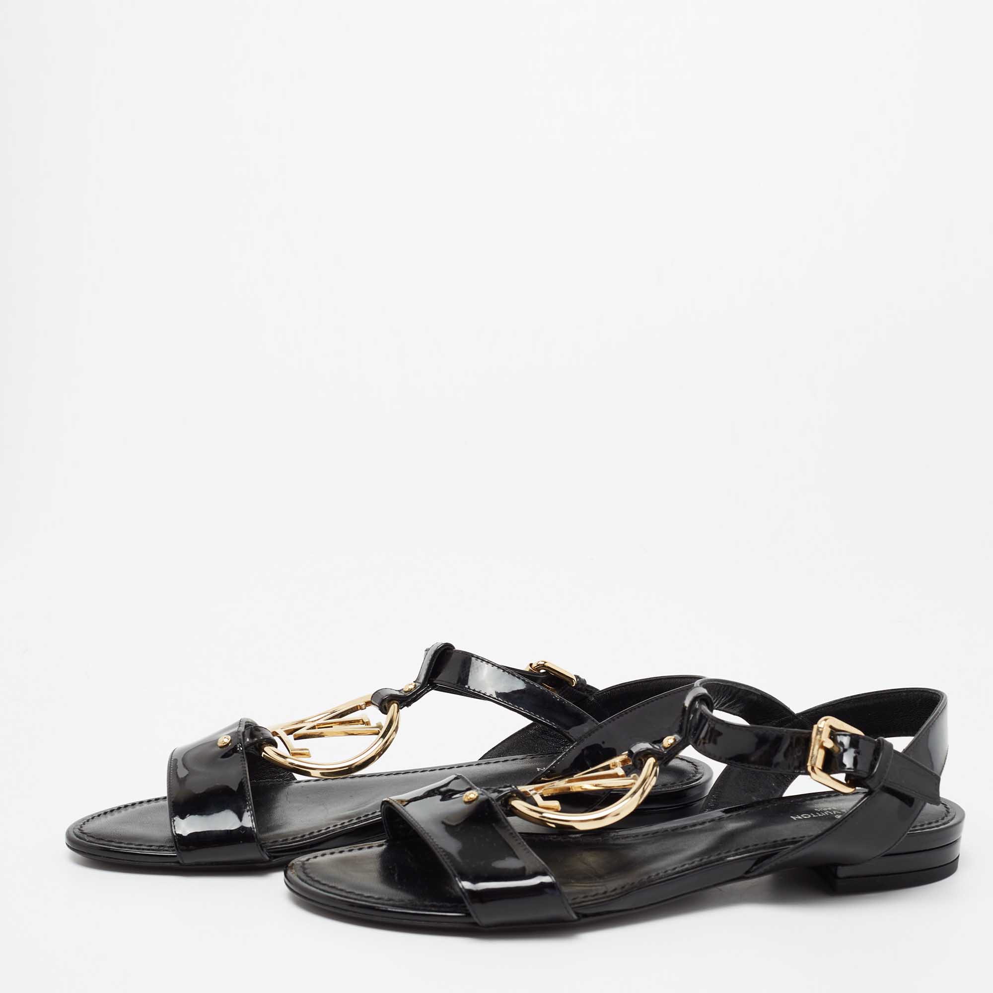 

Louis Vuitton Black Patent Leather Logo Ankle Strap Flat Sandals Size