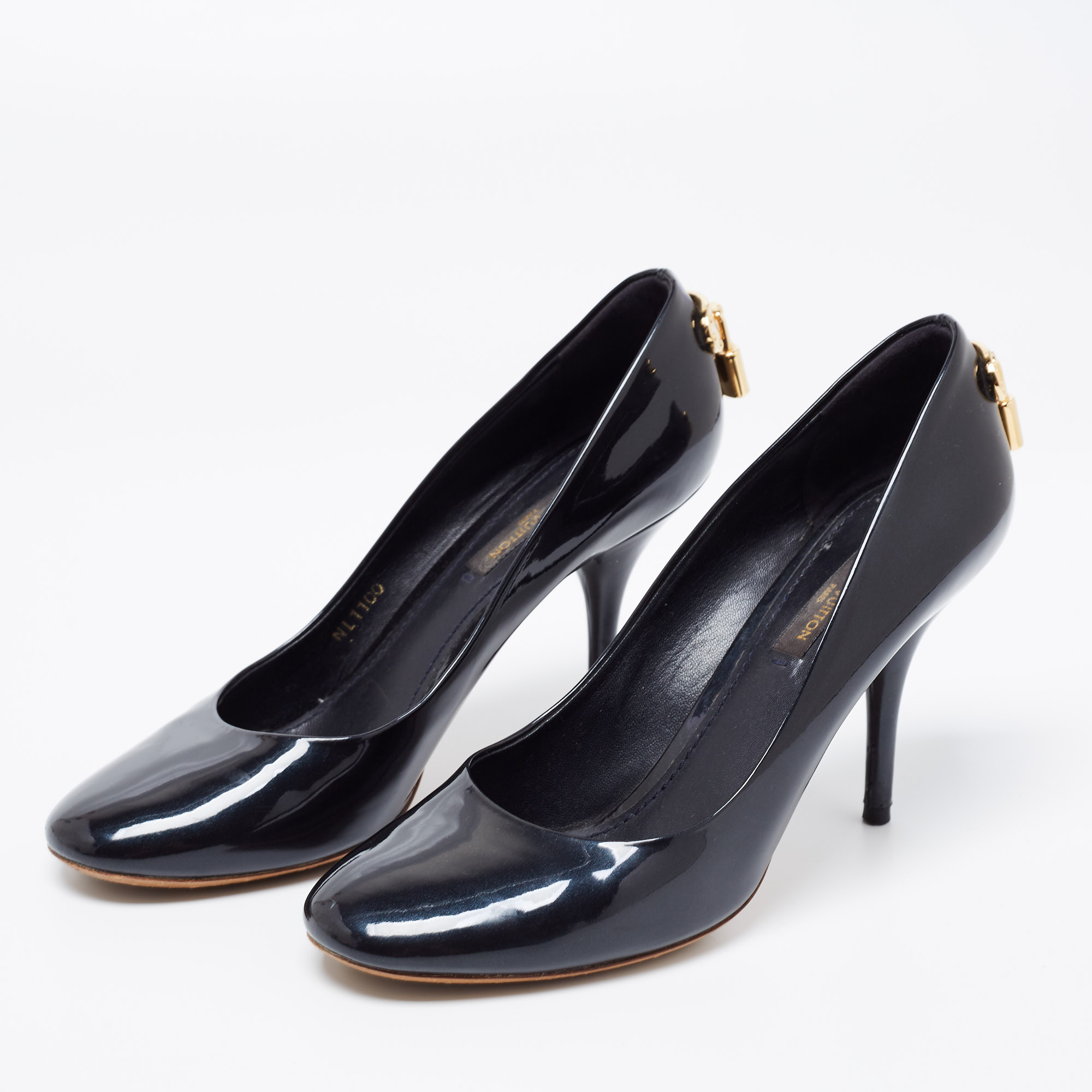 

Louis Vuitton Metallic Navy Blue Patent Leather Oh Really! Pumps Size