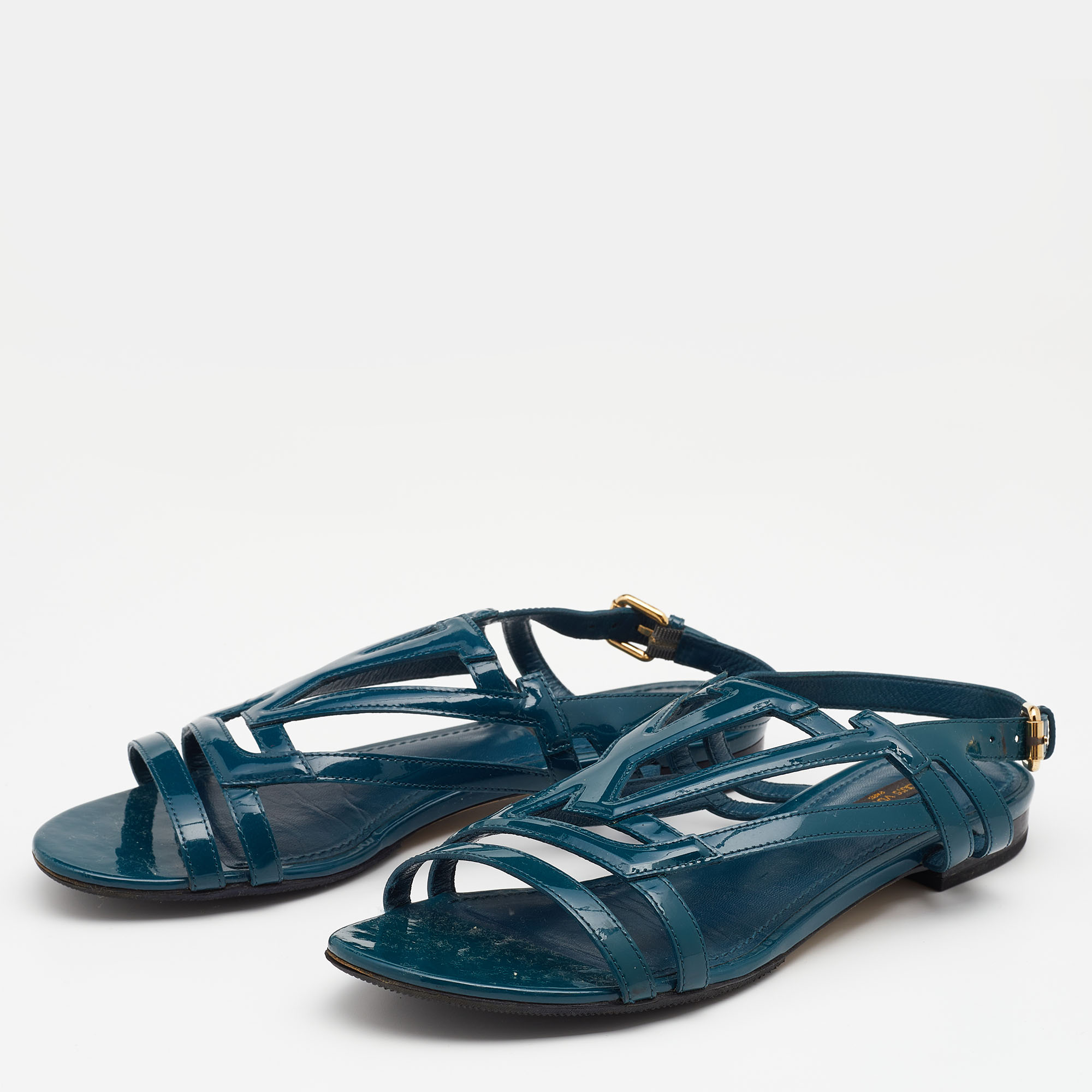 

Louis Vuitton Dark Green Patent Leather Crossing Logo Flat Sandals Size