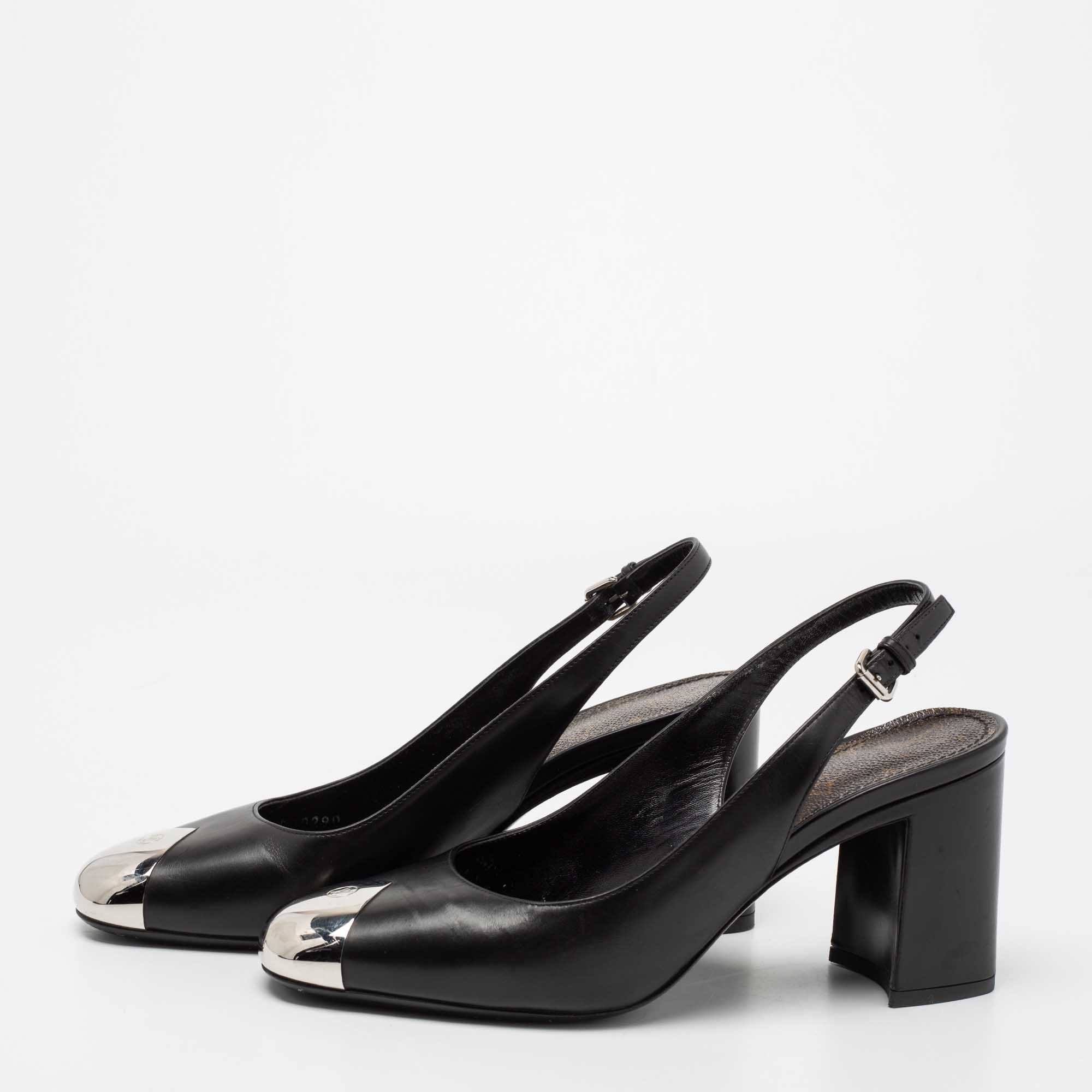 

Louis Vuitton Black Leather Metal Cap Toe Block Heel Slingback Sandals Size