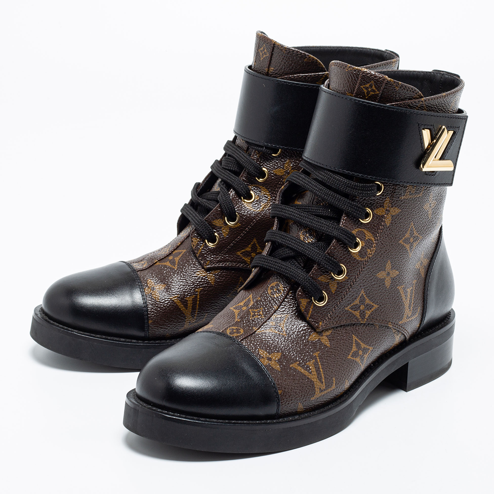 

Louis Vuitton Black/Brown Leather And Monogram Canvas Wonderland Ranger Combat Boots Size