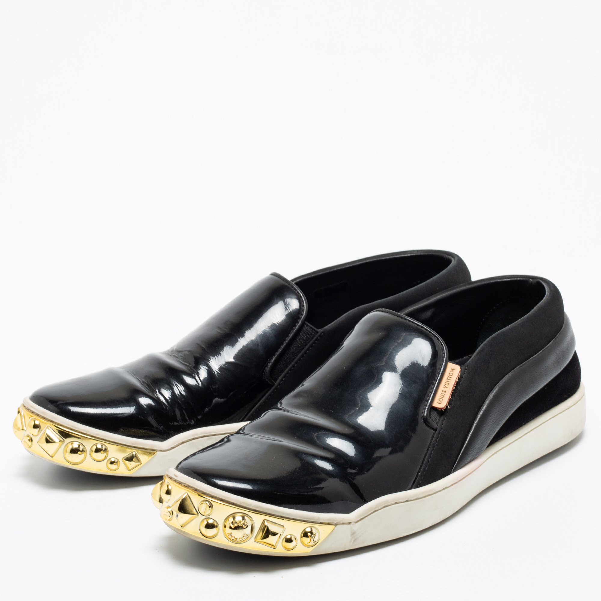 

Louis Vuitton Black Suede, Patent and Leather Studded Tempo Slip-On Sneakers Size