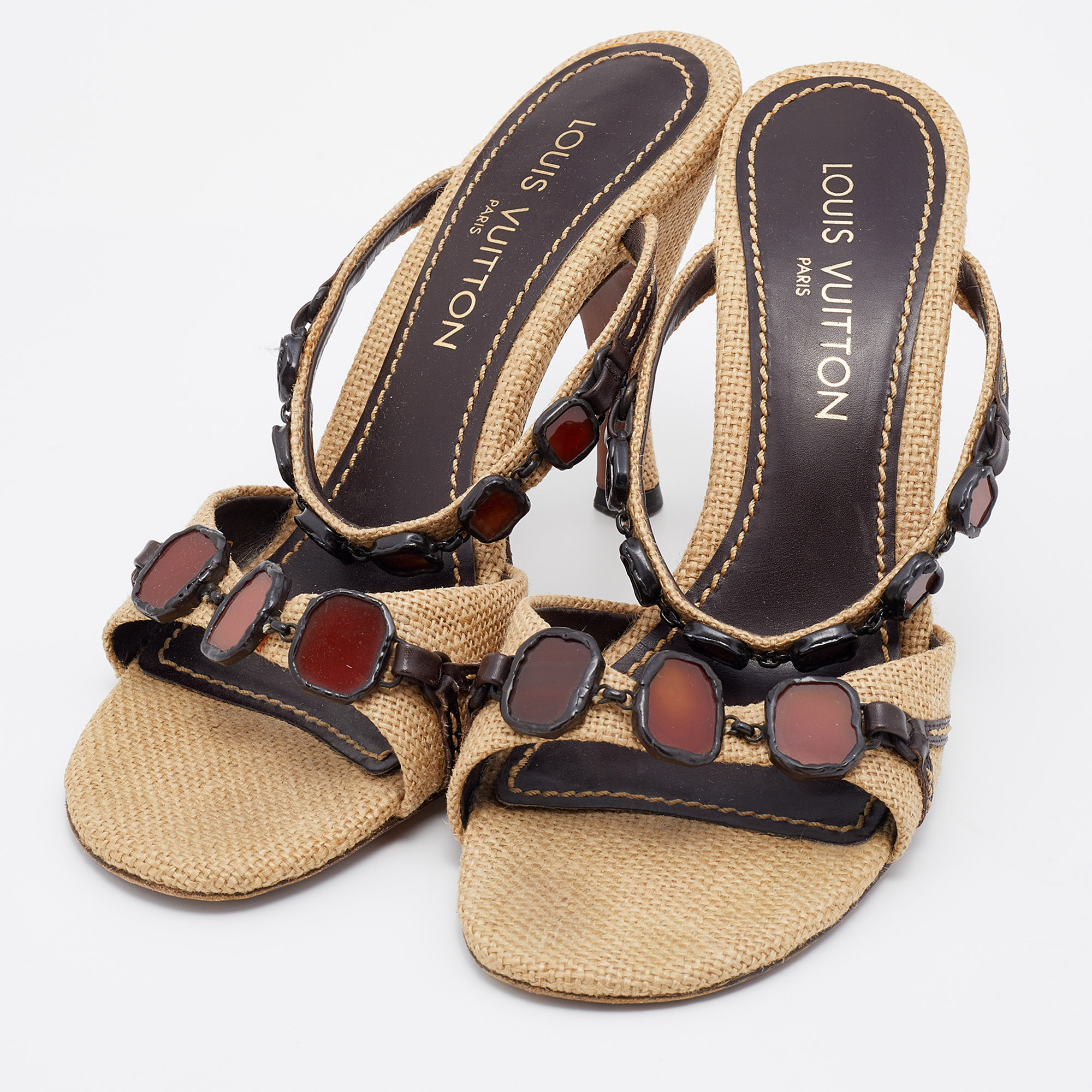 

Louis Vuitton Beige Embellished Canvas and Leather Slide Sandals Size