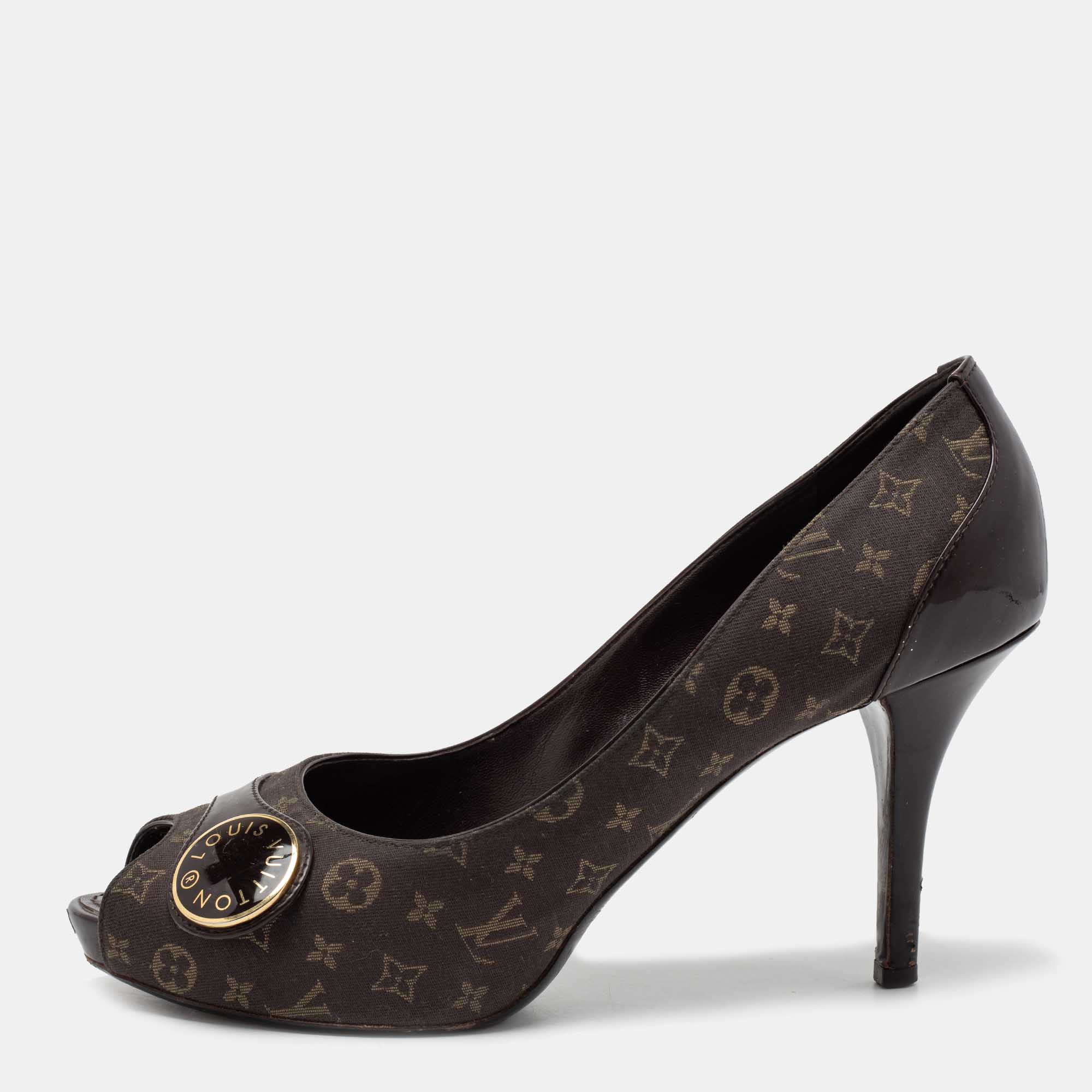 

Louis Vuitton Dark Brown Monogram Canvas and Patent Leather Judy Peep-Toe Pumps Size