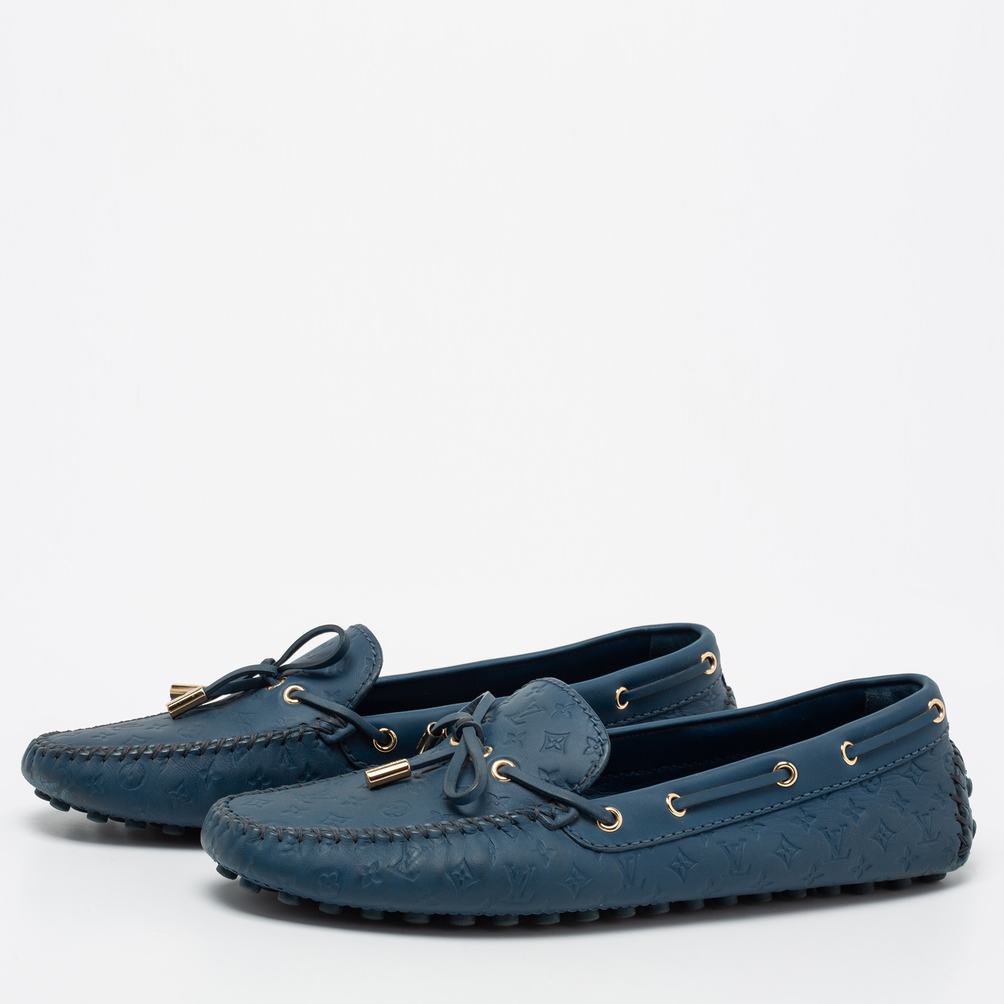 

Louis Vuitton Blue Monogram Leather Gloria Bow Slip On Loafers Size
