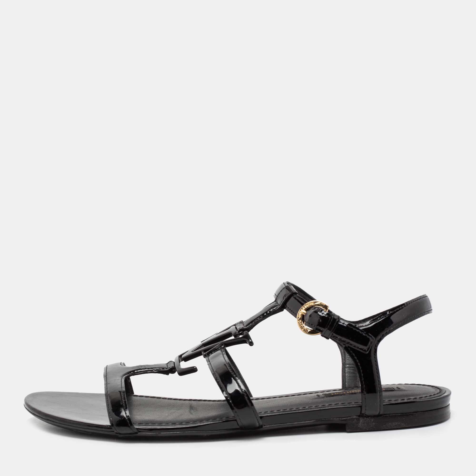 مملوكة مسبقًا Louis Vuitton Black Patent Leather Paradiso Flat Gladiator Sandals Size 41