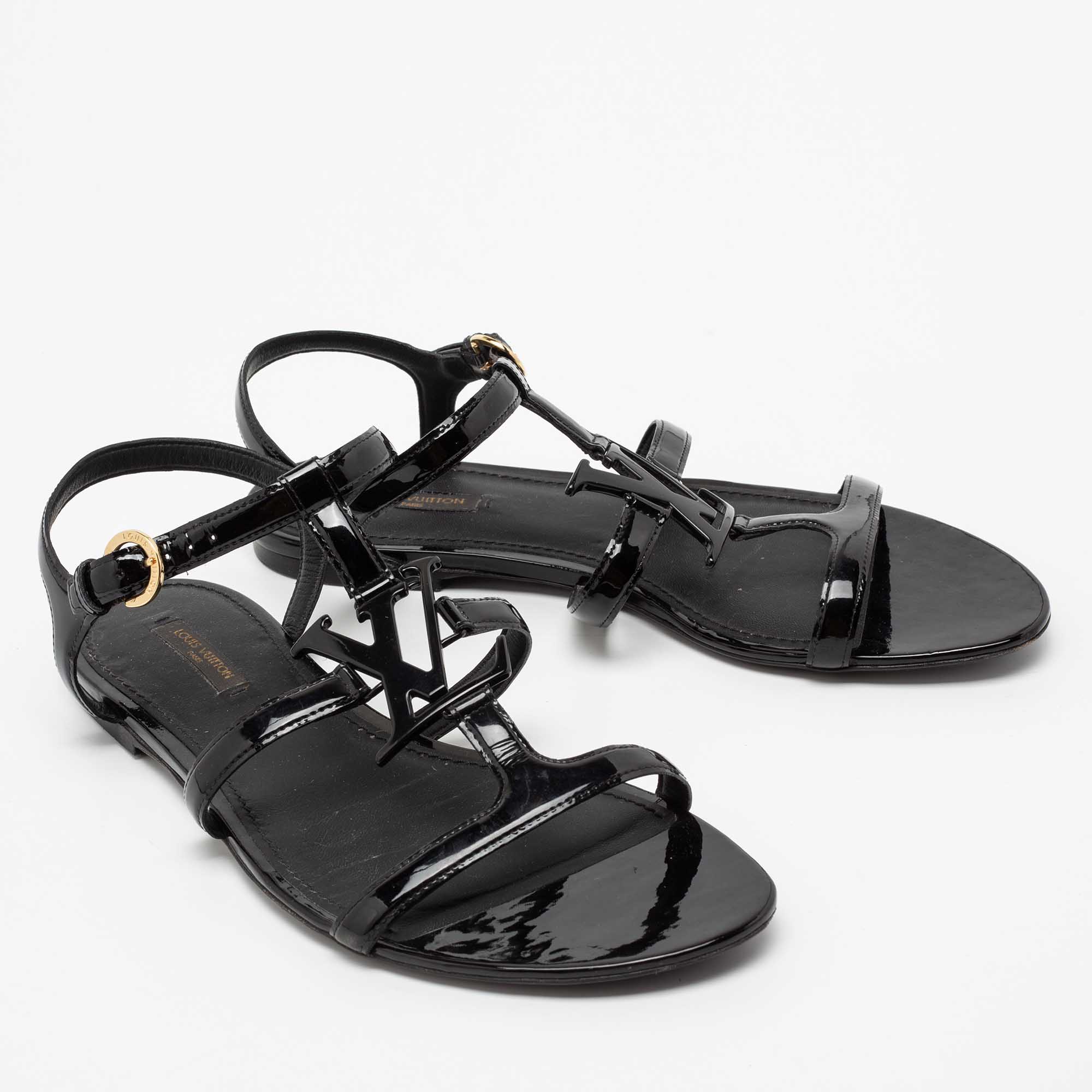 Louis Vuitton Black Patent Leather Paradiso Flat Gladiator Sandals Size EU  37 For Sale at 1stDibs
