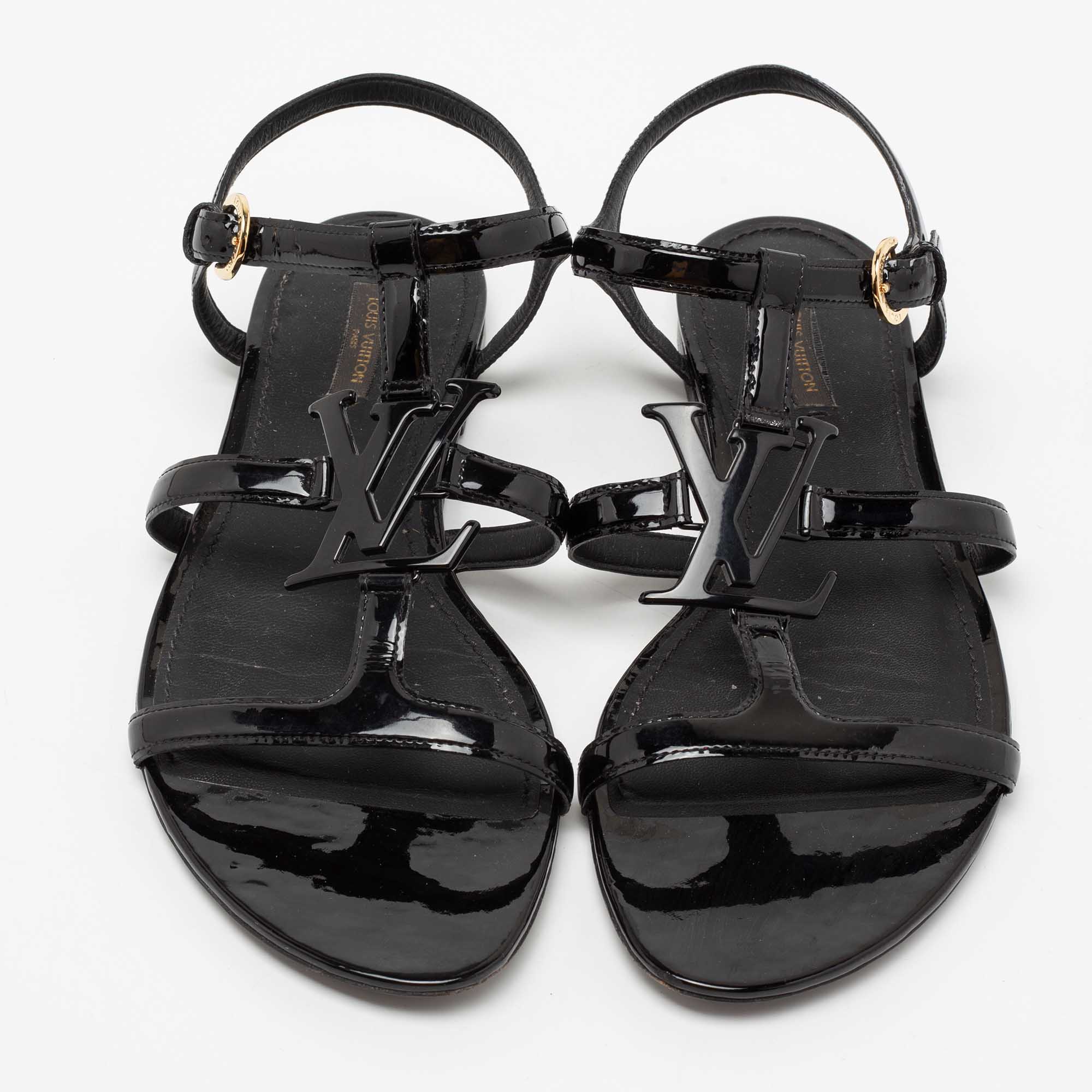 Louis Vuitton Black Patent Leather Paradiso Flat Gladiator Sandals Size EU  37 For Sale at 1stDibs