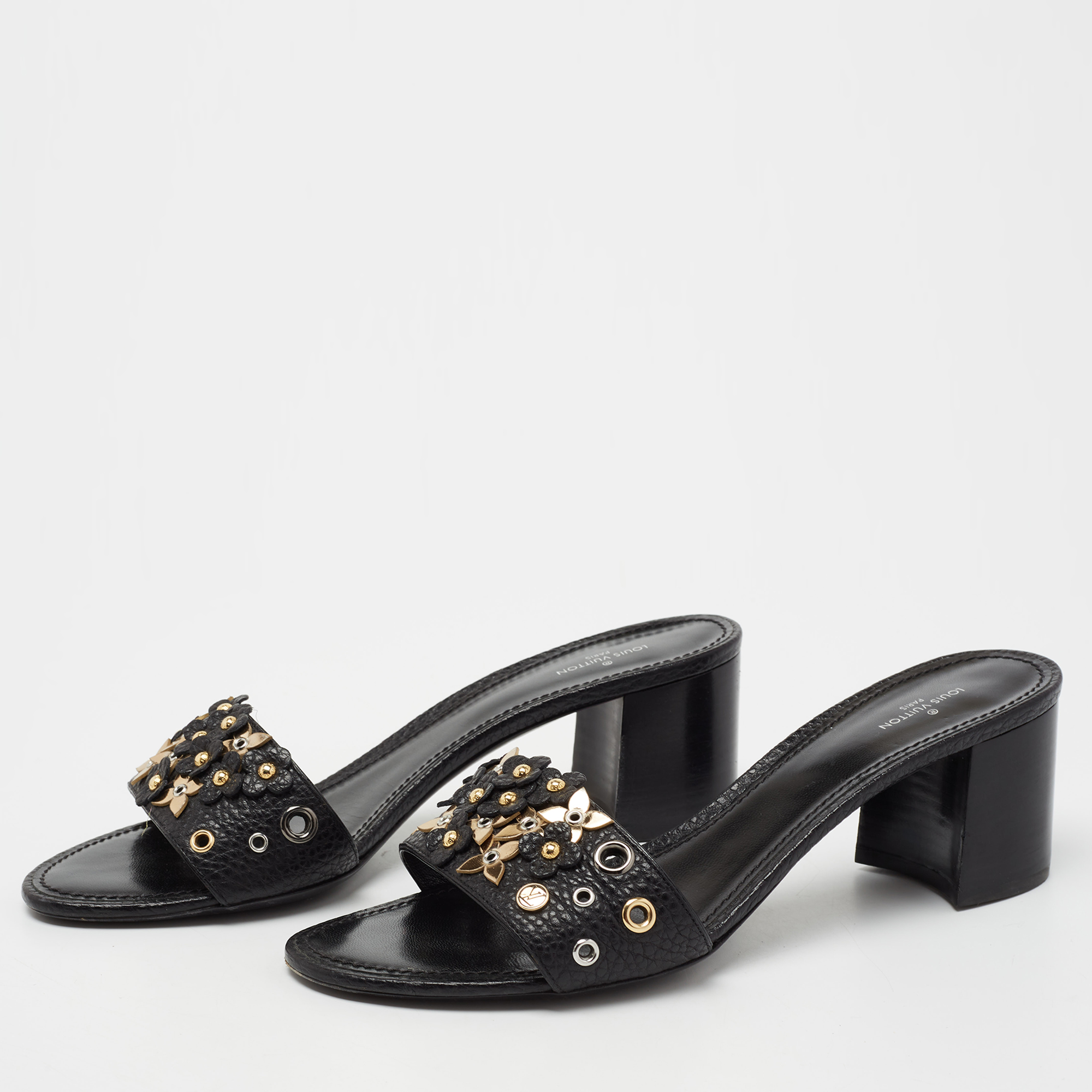 

Louis Vuitton Black Leather Applique Embellished Block Heel Slide Sandals Size