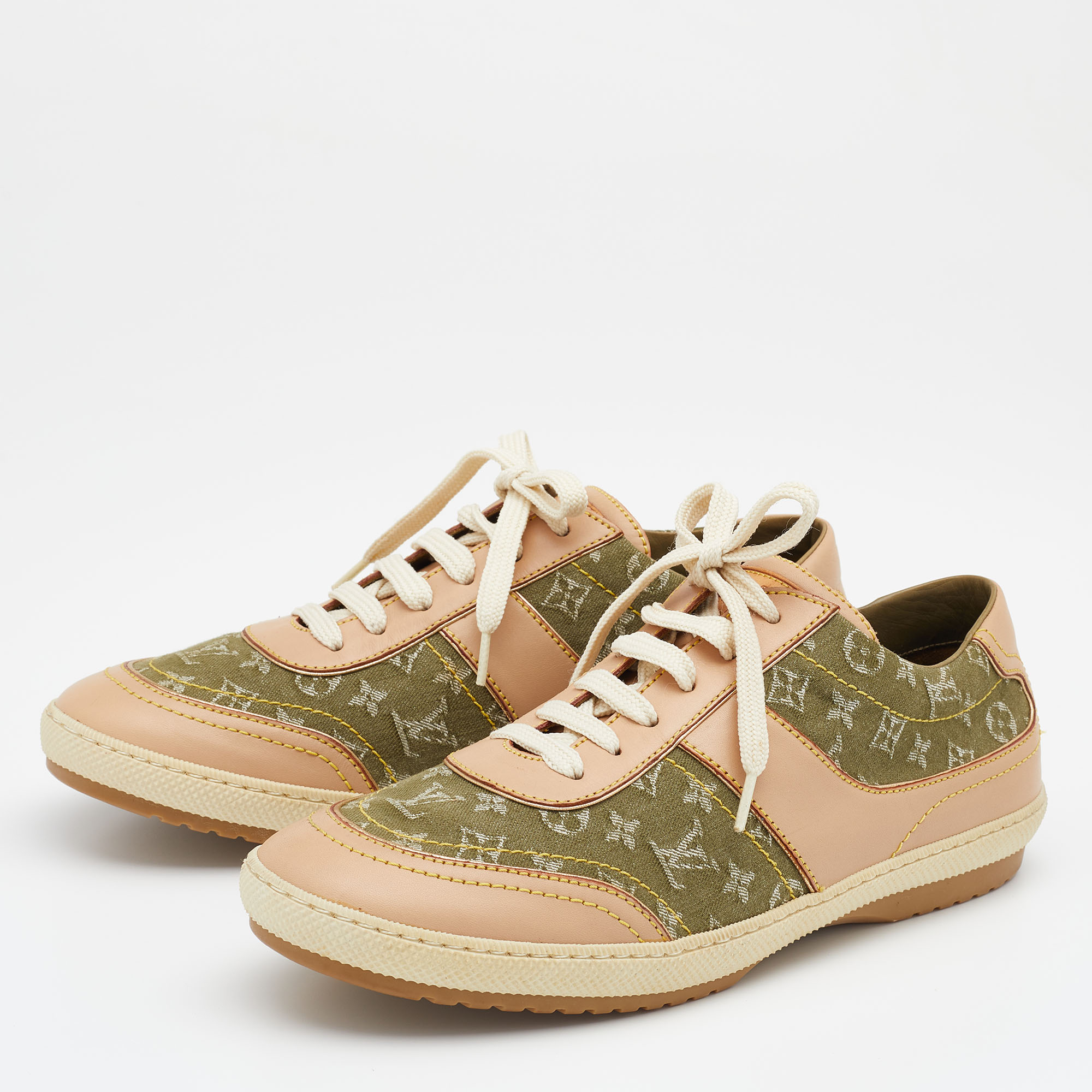 

Louis Vuitton Green/Beige Monogram Denim And Leather Low Top Sneakers Size