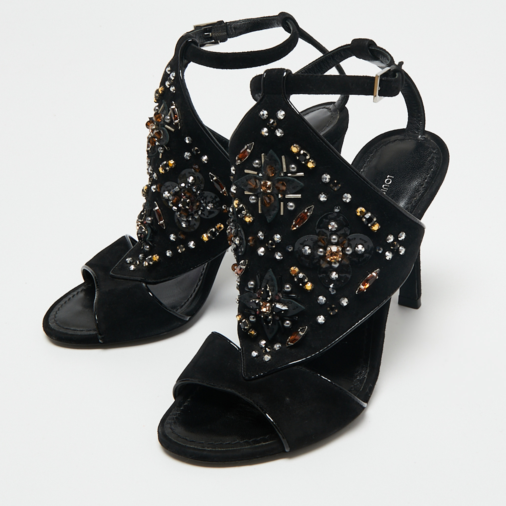 

Louis Vuitton Black Suede Embellished Ankle Strap Sandals Size