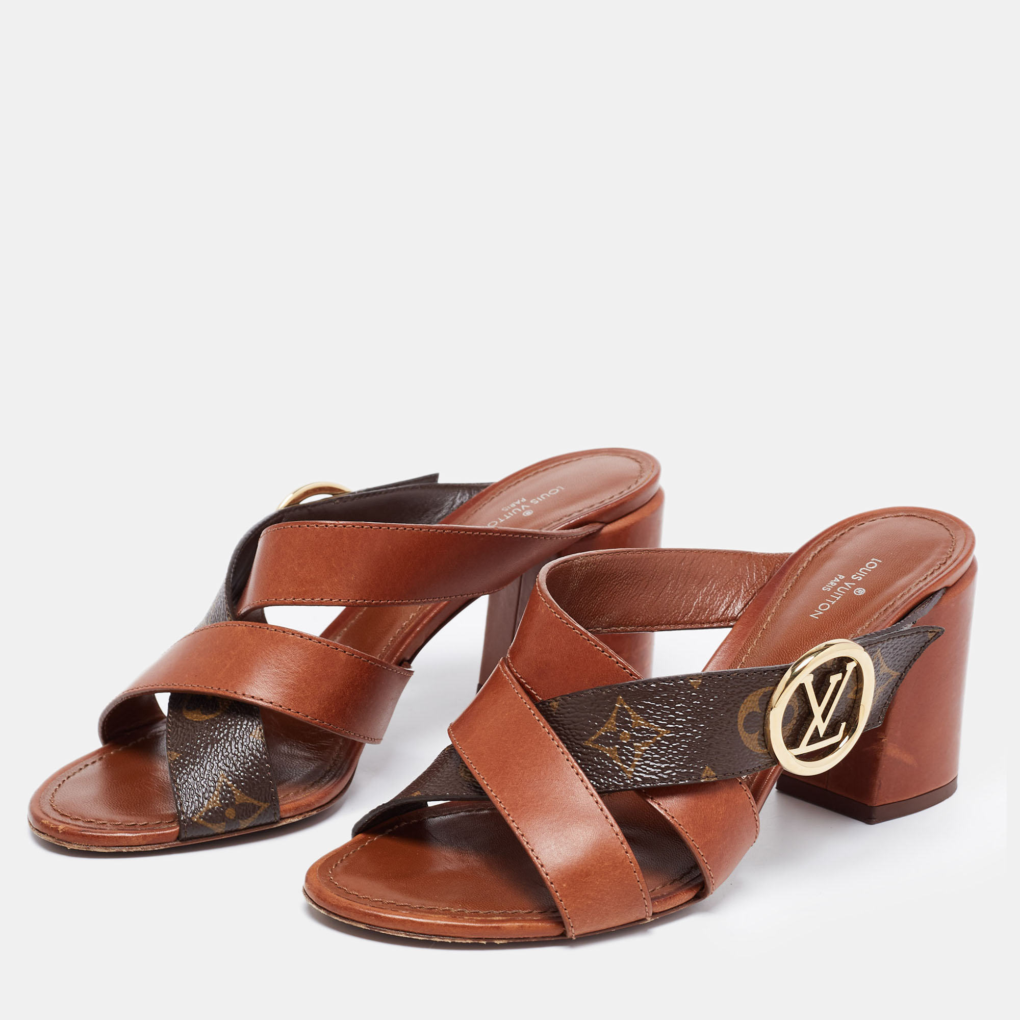 

Louis Vuitton Brown Monogram Canvas And Leather Criss Cross Slide Sandals Size