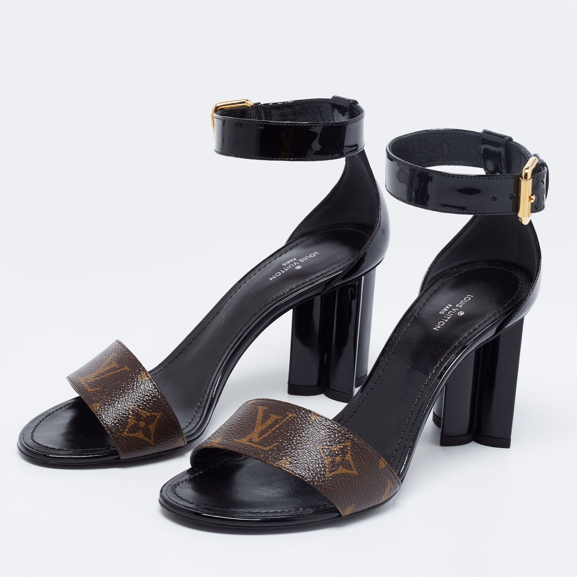 

Louis Vuitton Brown/Black Monogram Canvas and Patent Leather Ankle Strap Sandals Size