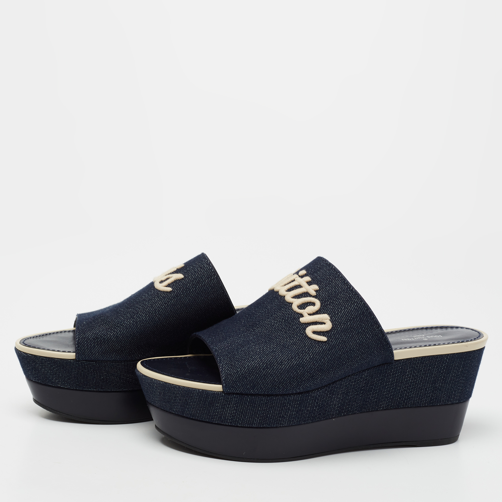 

Louis Vuitton Navy Blue Denim And Leather Wedge Slide Sandals Size