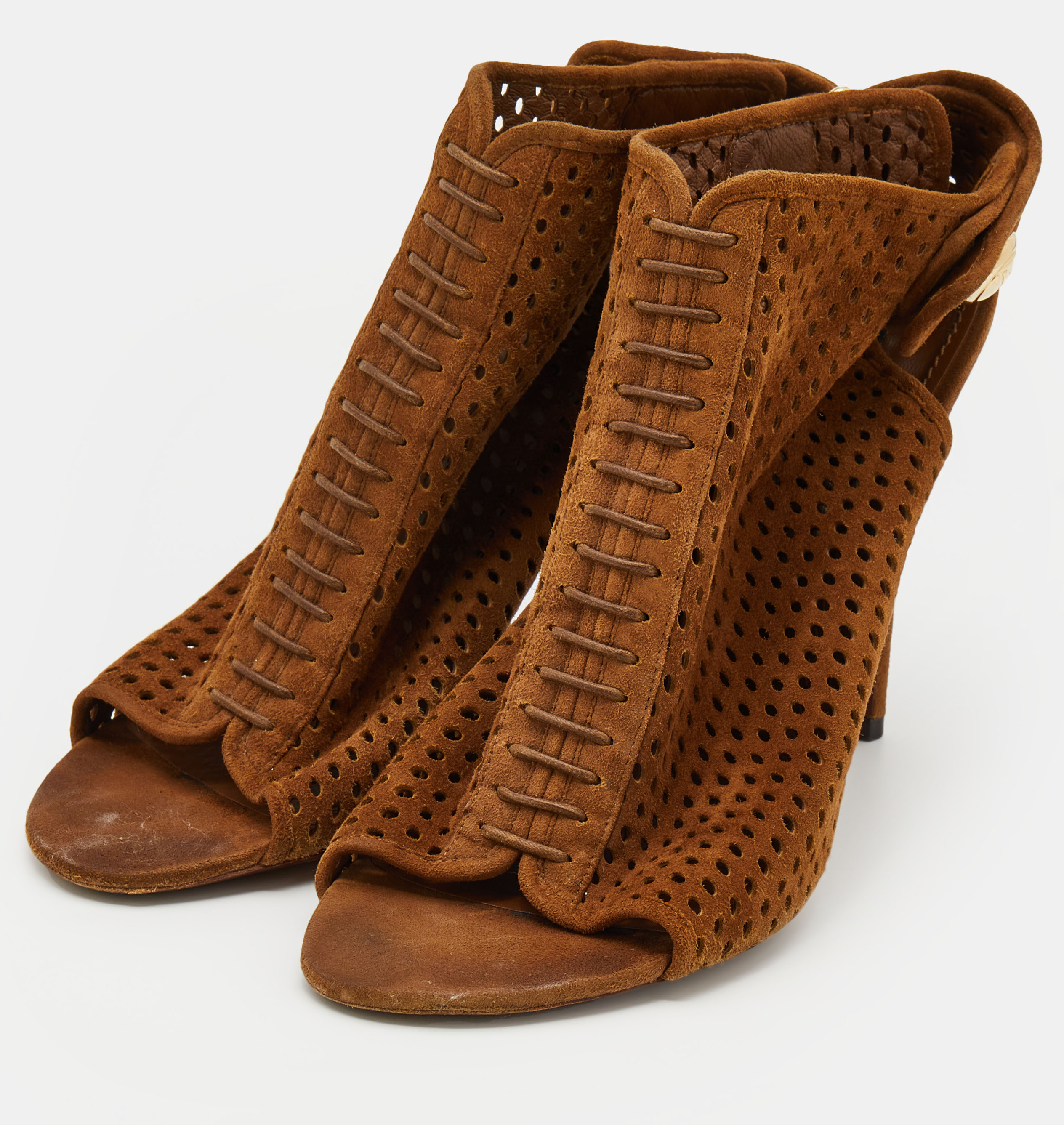 

Louis Vuitton Brown Perforated Suede Open Toe Slingback Booties Size